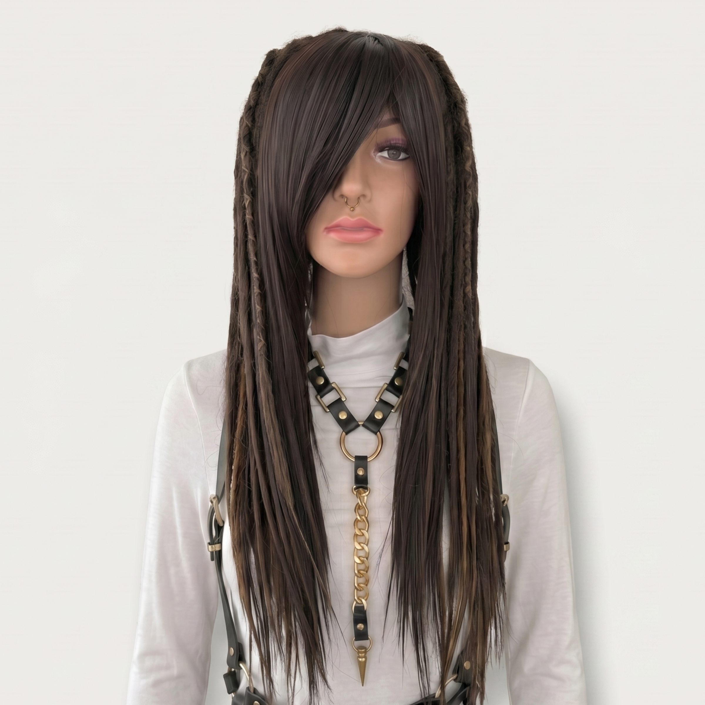 Mixed brown dreadlock wig with side swiped bangs, handmade synthetic wig, long layered cut, festival cosplay wig, boho hippie hair, Burning Man style, unisex fashion wig, alternative hippie hairstyle