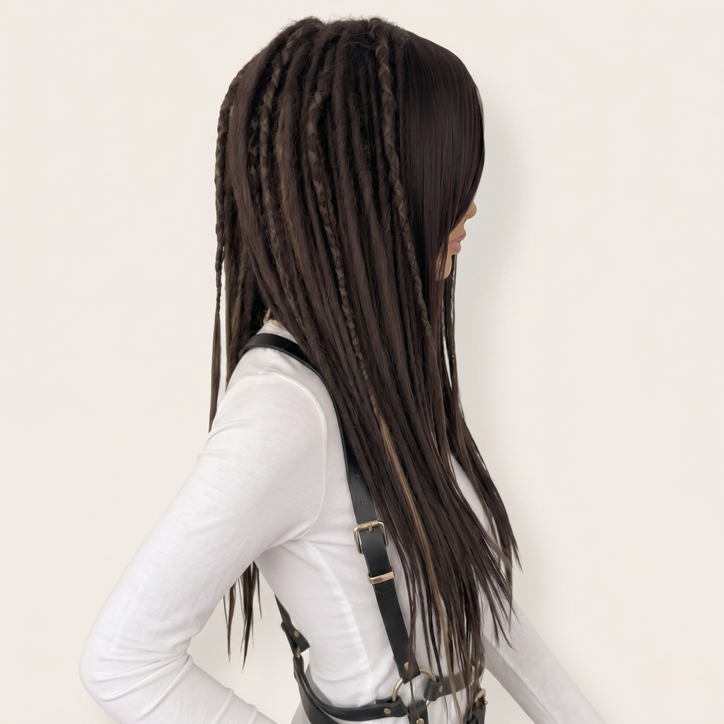 Right side angle of dark brown and medium brown highlight dreadlock wig with bangs, handmade synthetic wig, long layered cut, festival cosplay wig, boho hippie hair, Burning Man style, unisex fashion wig, alternative viking tribal hairstyle