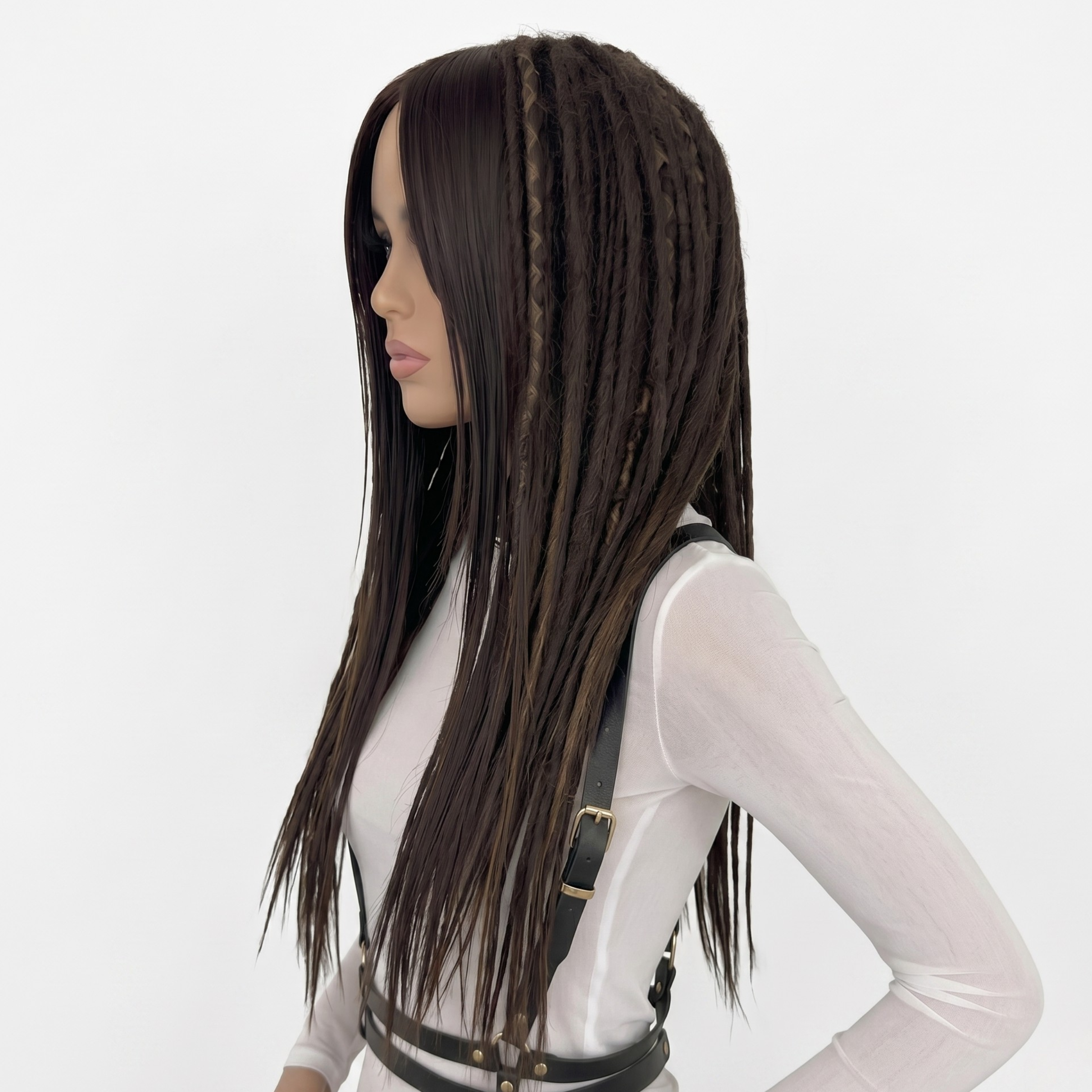 Left side angle of dark brown and medium brown highlight dreadlock wig with bangs, handmade synthetic wig, long layered cut, festival cosplay wig, boho hippie hair, Burning Man style, unisex fashion wig, alternative viking tribal hairstyle