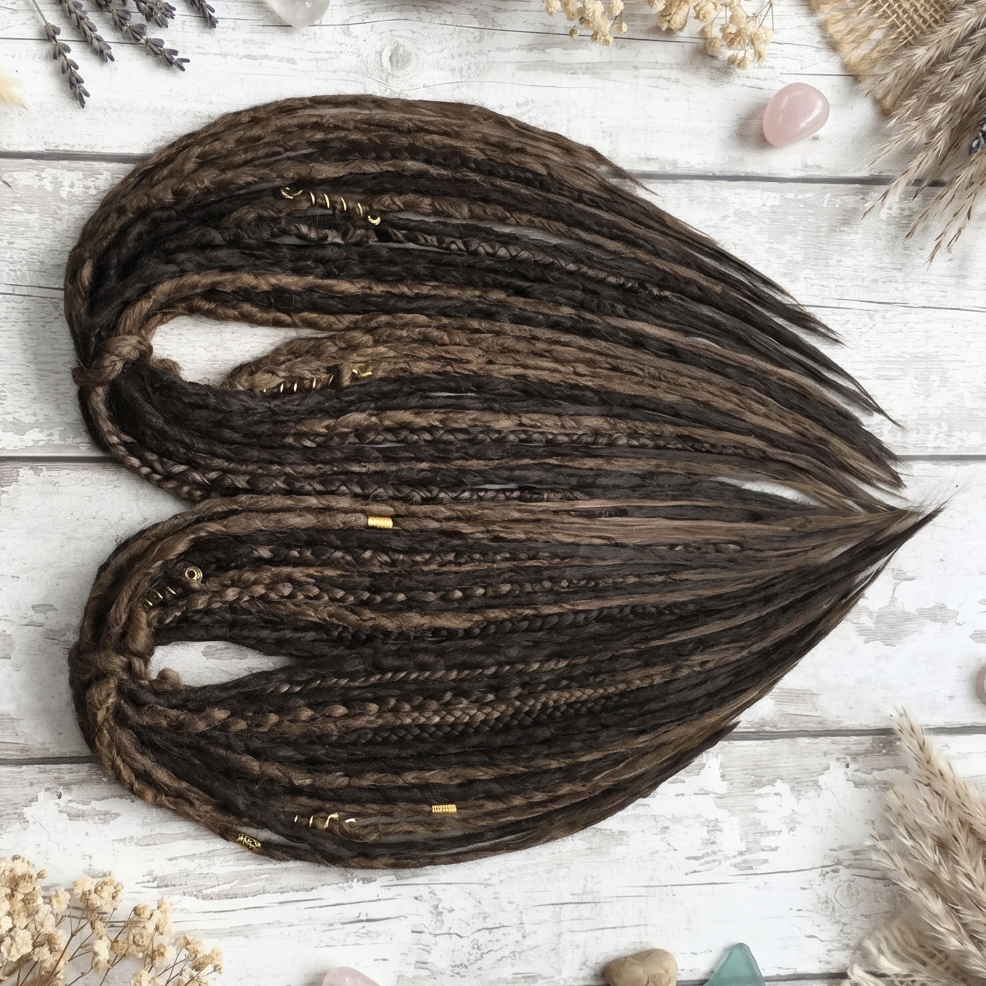 Brown synthetic dreadlock extensions displayed as single and double ended dreads with soft crochet texture and loose ends.