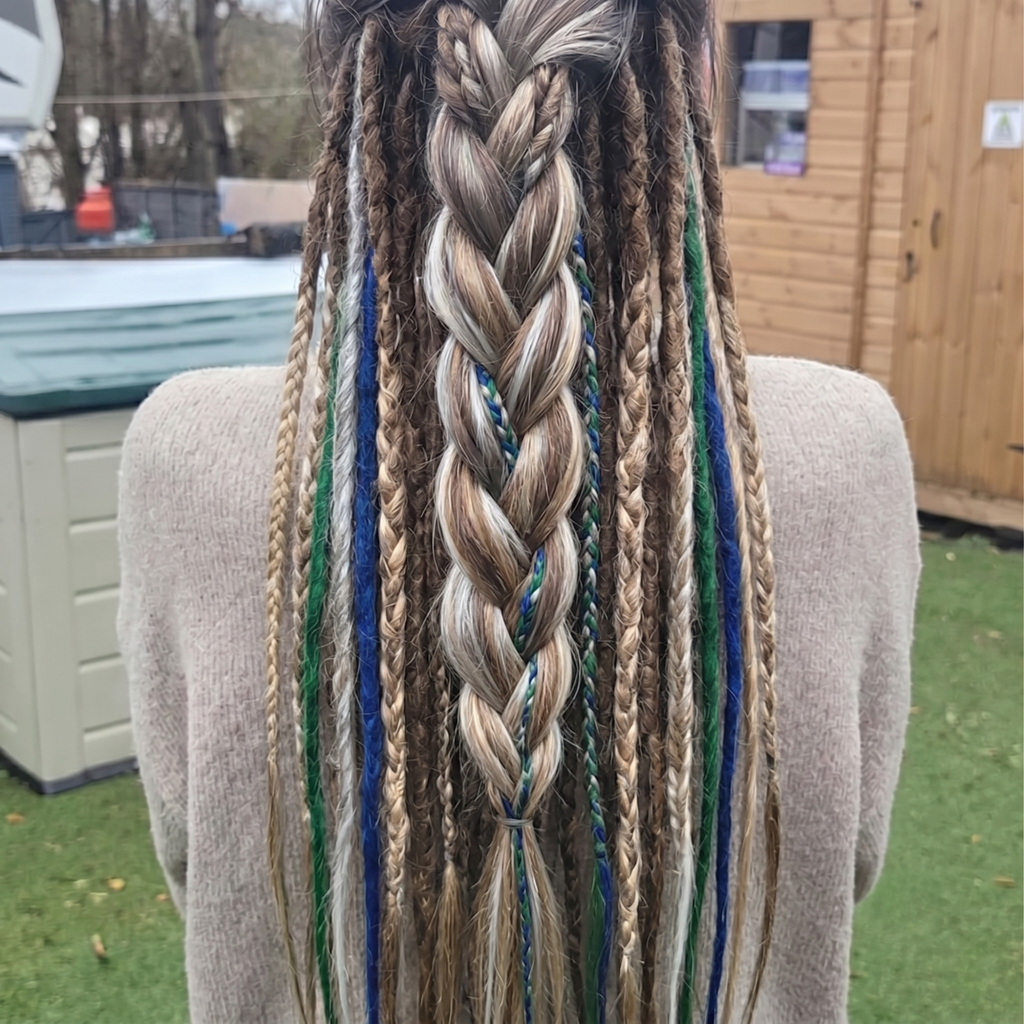 Model wearing brown blonde dreadlock extensions with blue, green, white and silver accents, styled in a braided back view with loose end synthetic dreads.