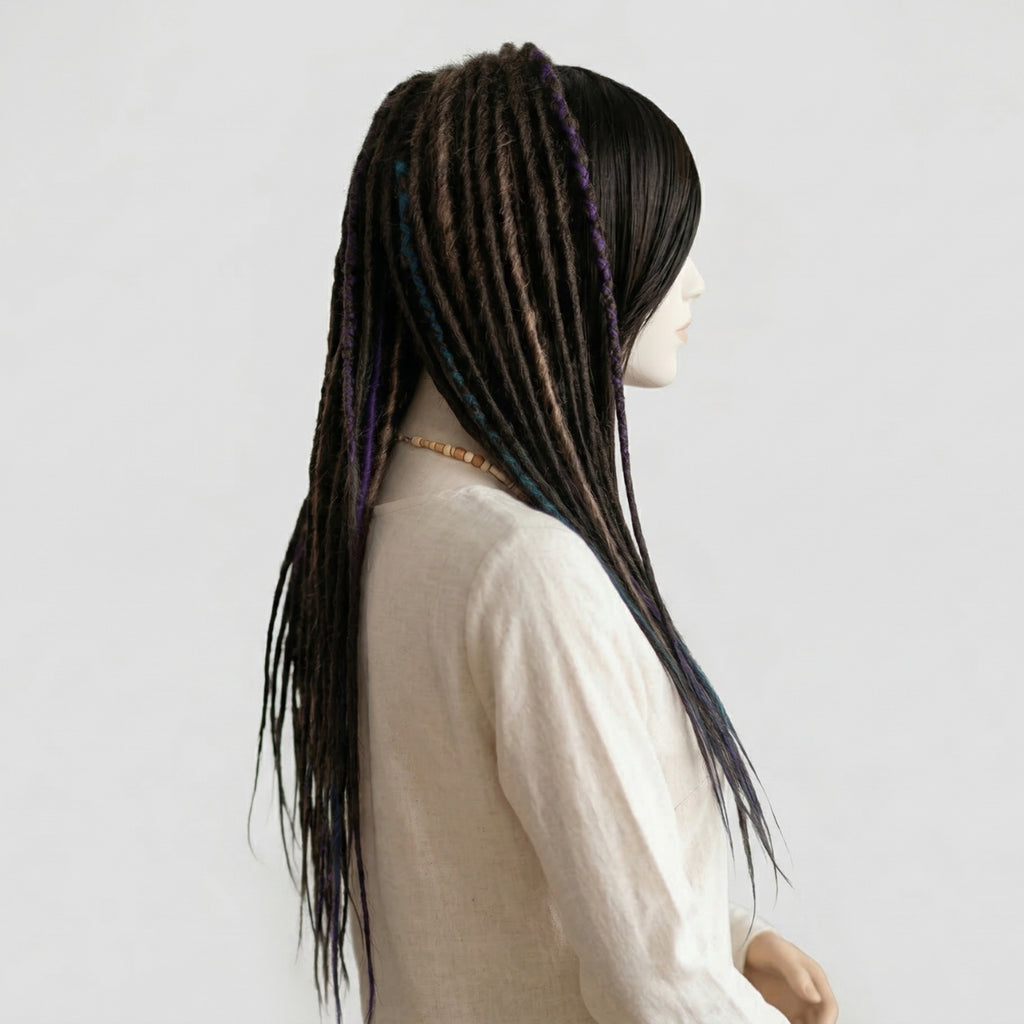 Brown Purple & Blue Dreadlocks Wig with Bangs
