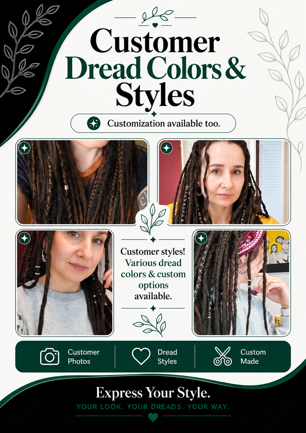 Customer dreads colours and styles image showing customer photos and custom dreads options for scene, boho, chic, hippier and festival style vibe.