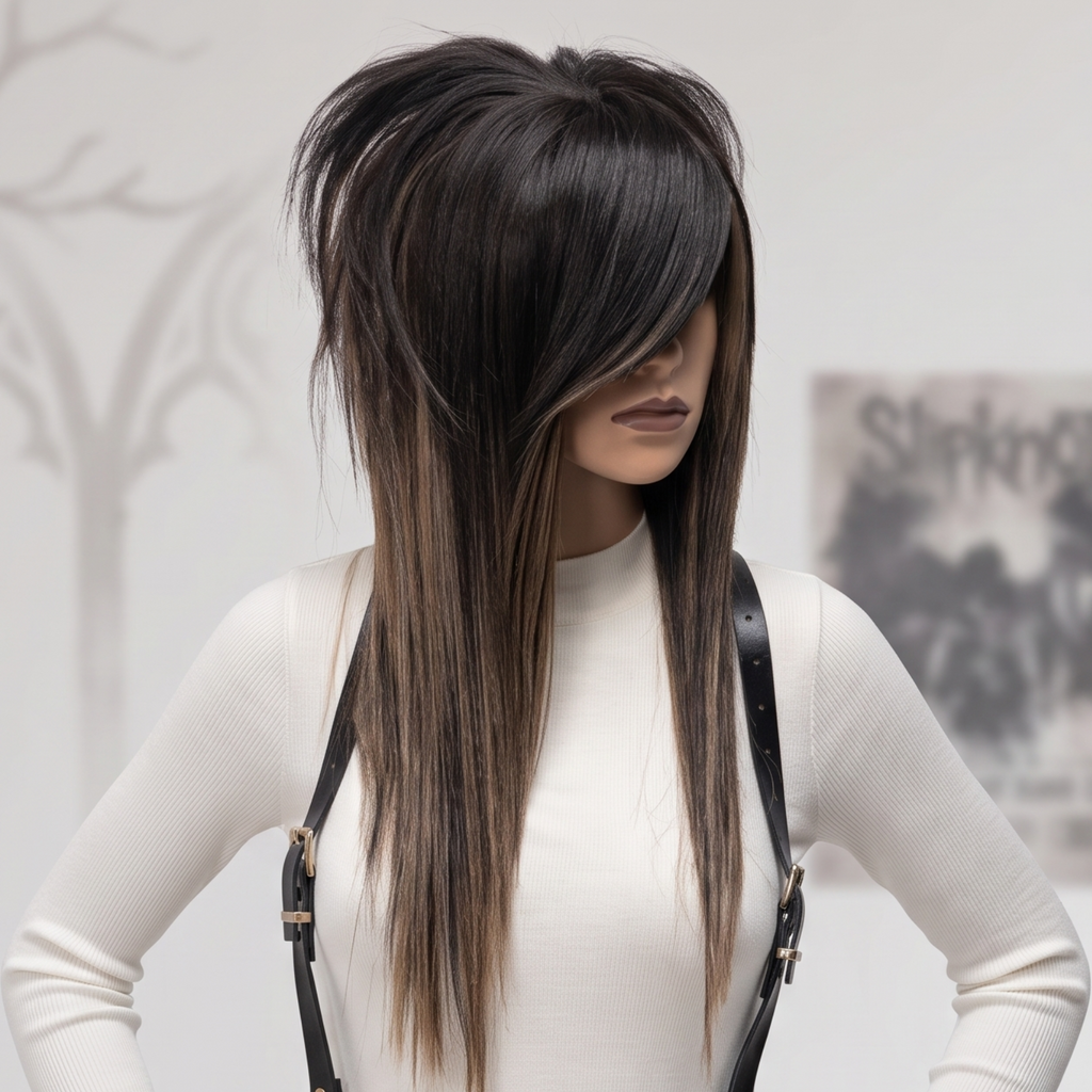 Angled front view of dark ash brown scene wig with long side fringe covering eye, layered shag cut and soft natural highlights