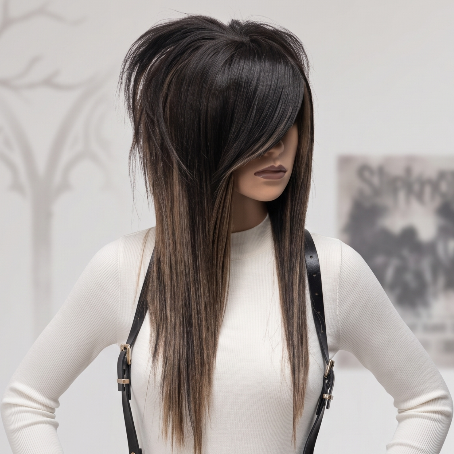 Angled front view of dark ash brown scene wig with long side fringe covering eye, layered shag cut and soft natural highlights