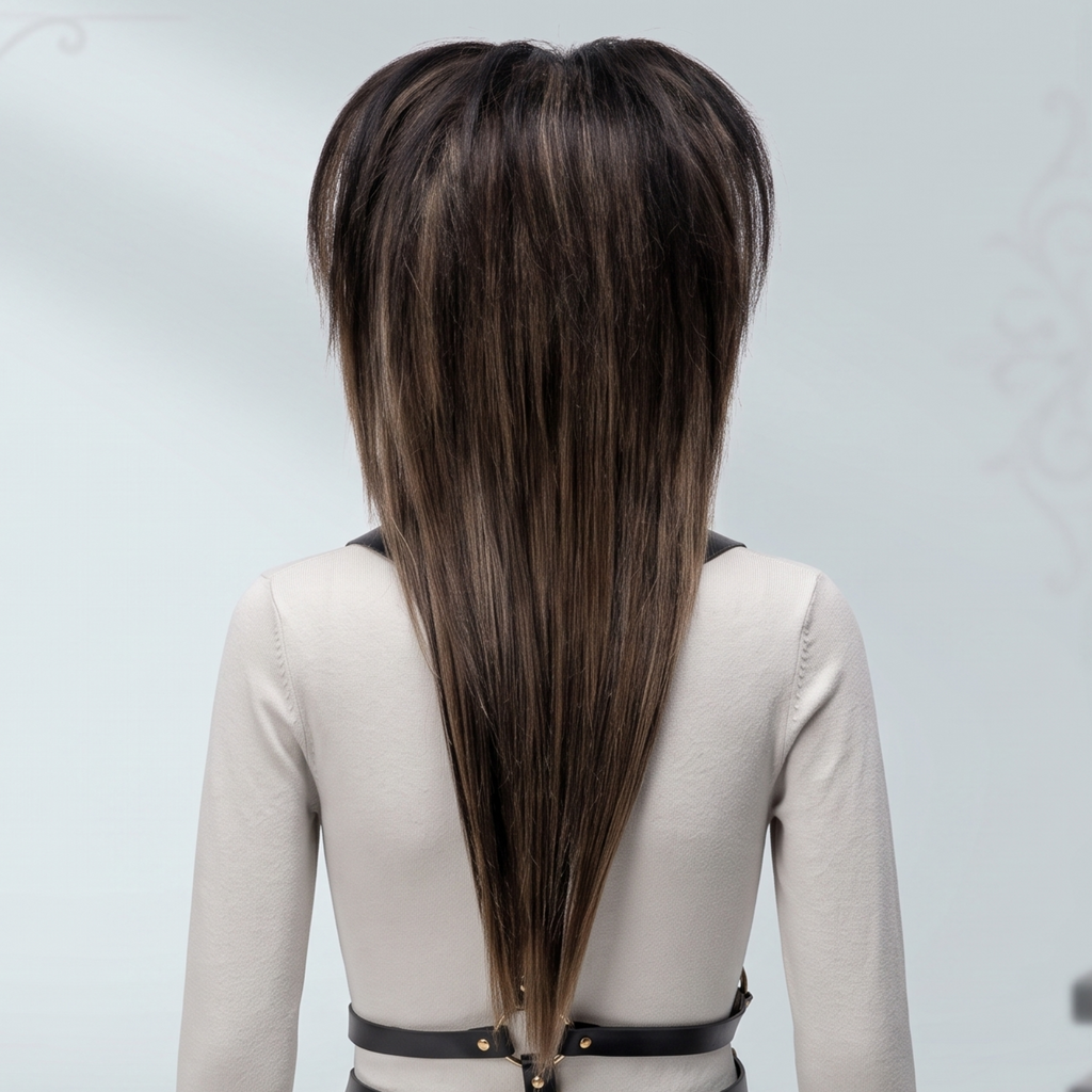 Back view of dark ash brown layered scene wig showing long straight lengths, soft taper and natural highlight blend