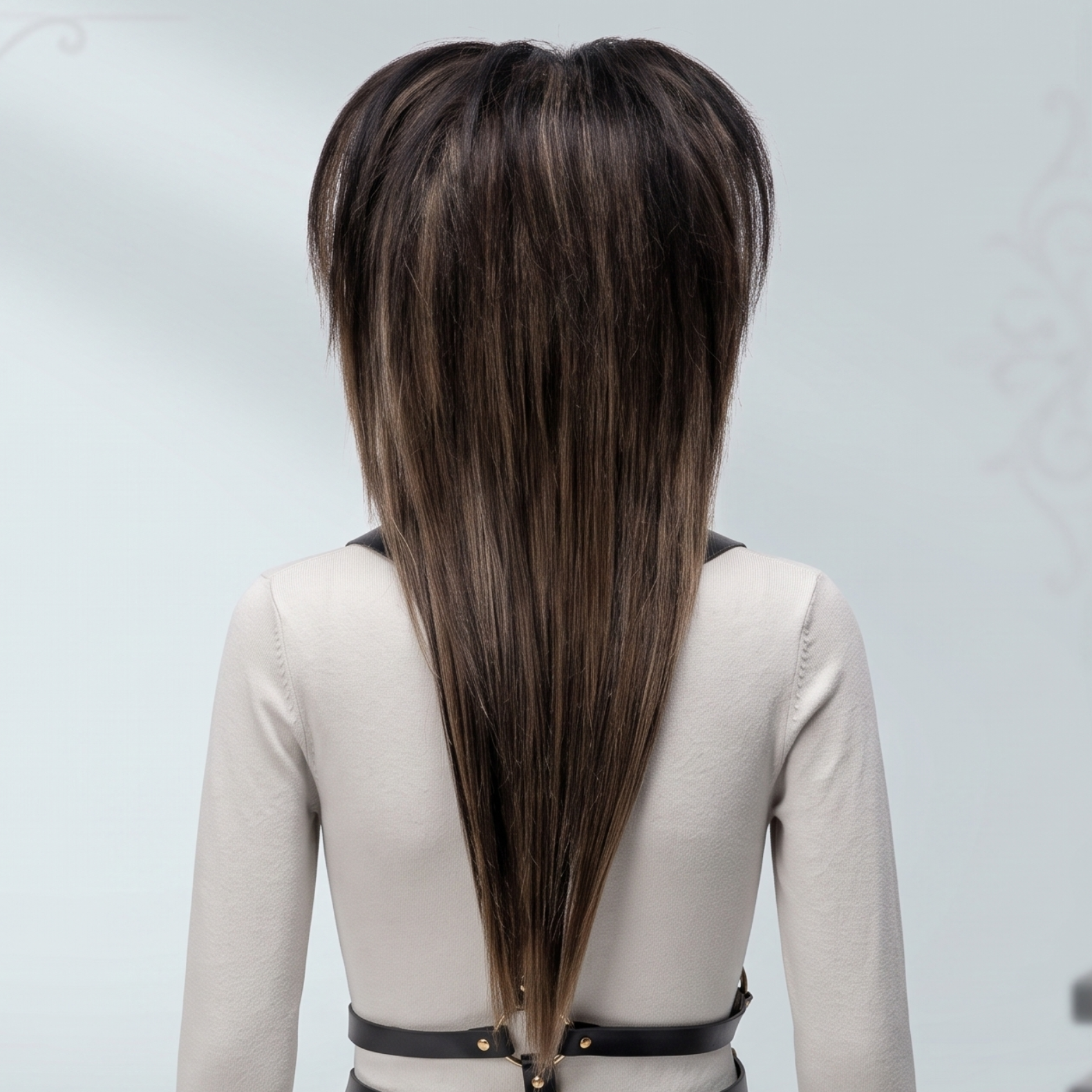 Back view of dark ash brown layered scene wig showing long straight lengths, soft taper and natural highlight blend
