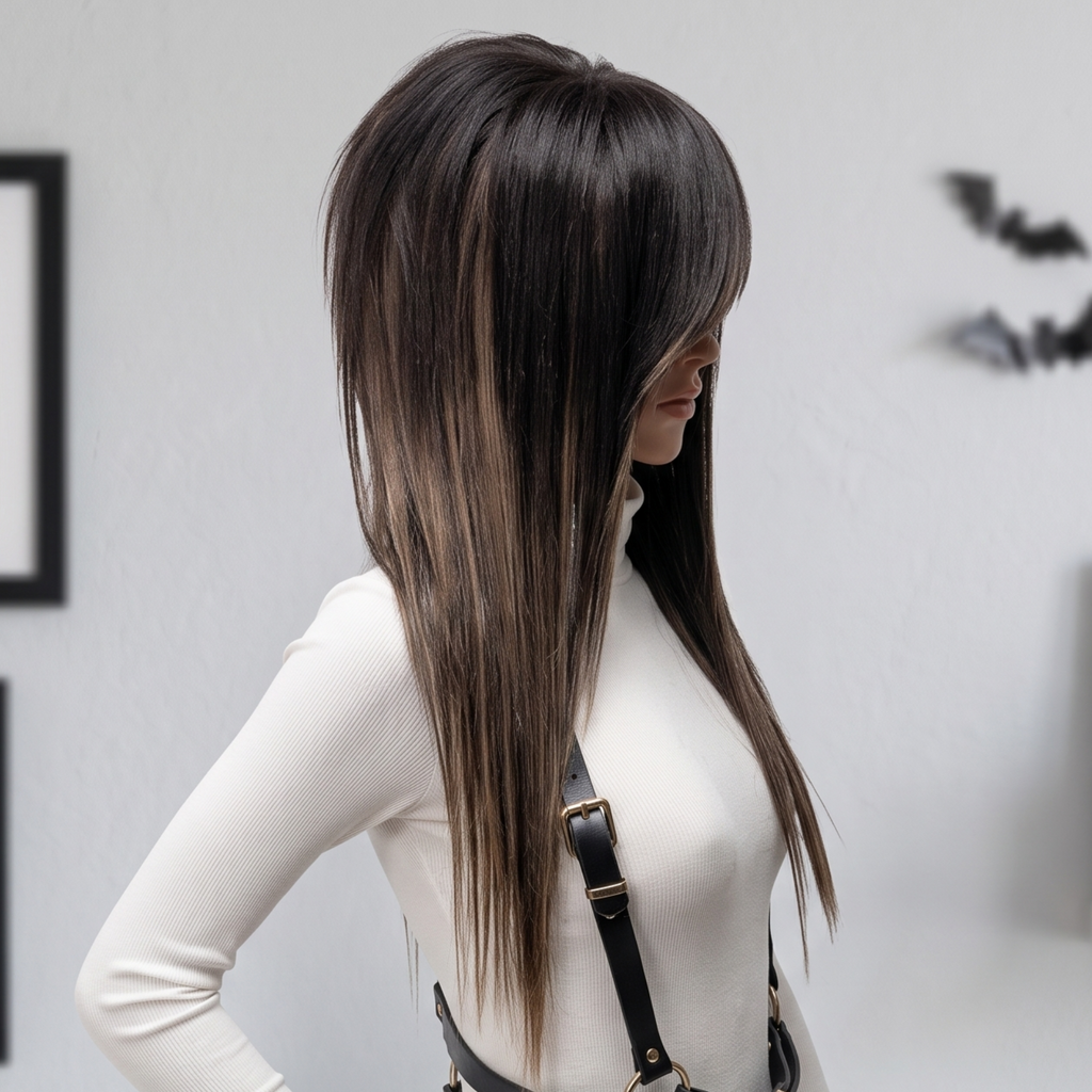 Lifestyle side view of dark ash brown scene wig with layered shag cut and long straight hair, natural alternative style