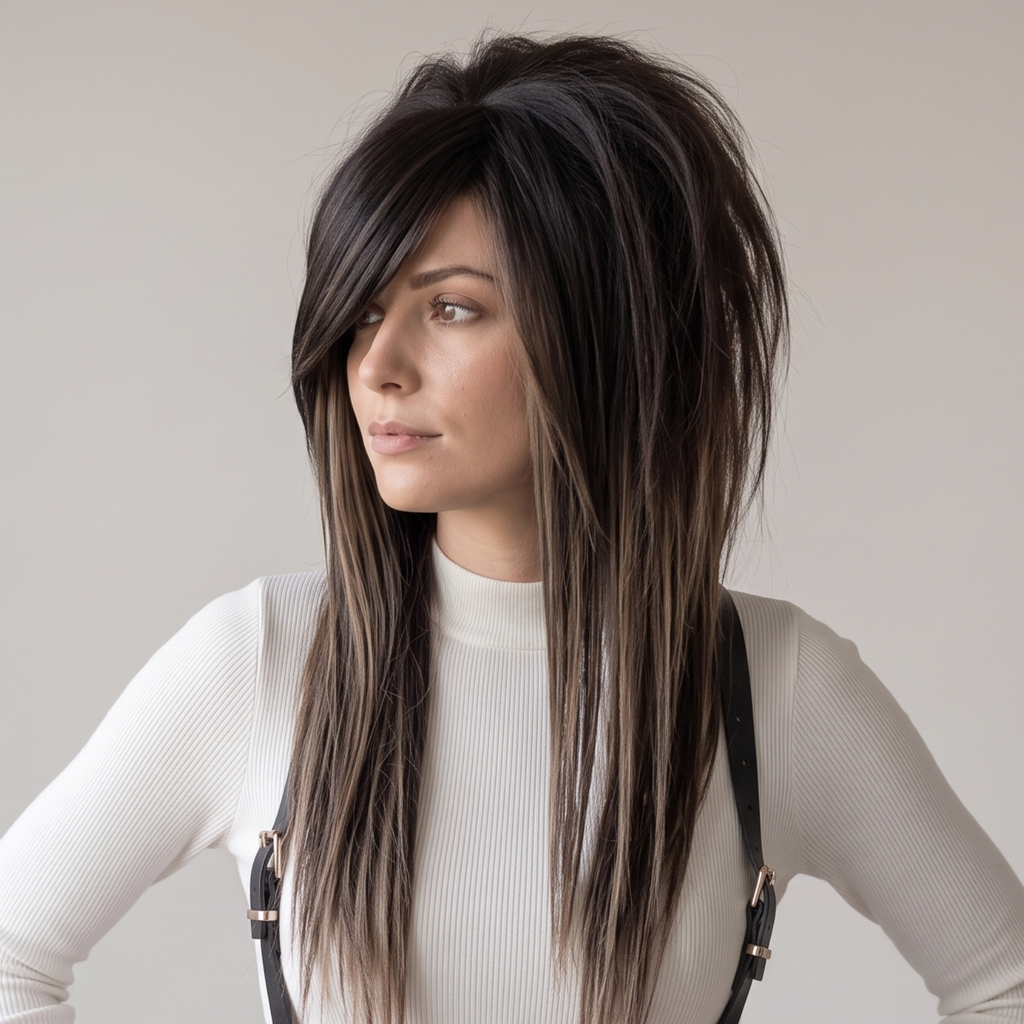 Side profile of dark ash brown emo scene wig with layered volume and side swept fringe, showing natural highlight blend and long layers