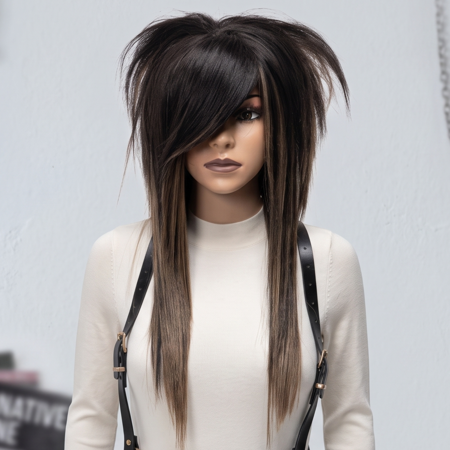 Dark ash brown layered scene wig on mannequin with heavy side fringe, emo shag cut and long straight ends, natural highlight tones