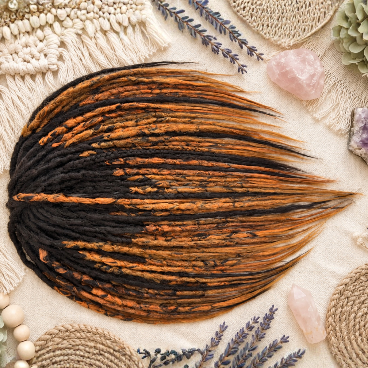 Full set of dark brown and copper ginger crochet dreadlock extensions displayed flat on a cream boho background, showing the natural colour blend, mixed textures and tapered loose ends.