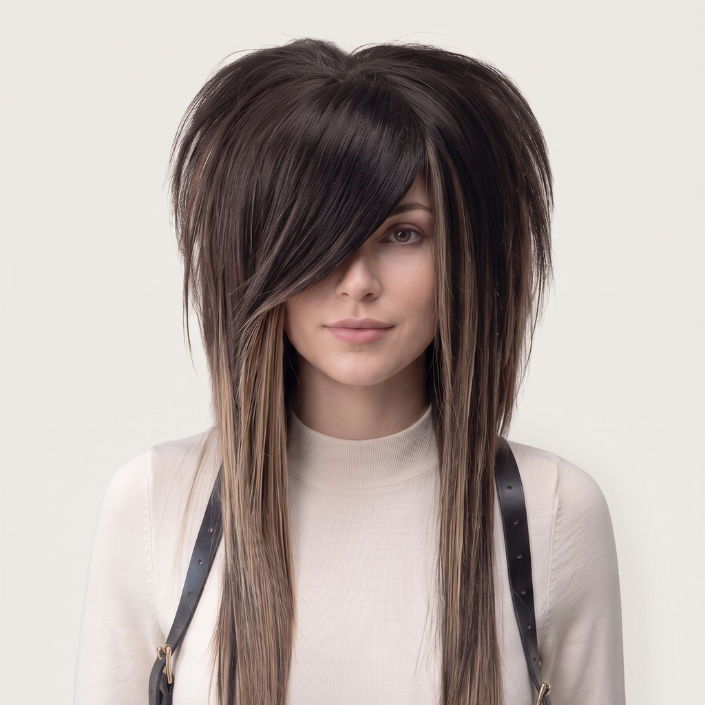 Dark ash brown scene wig front view with side fringe and layered emo shag cut, natural brown highlights, long straight lengths