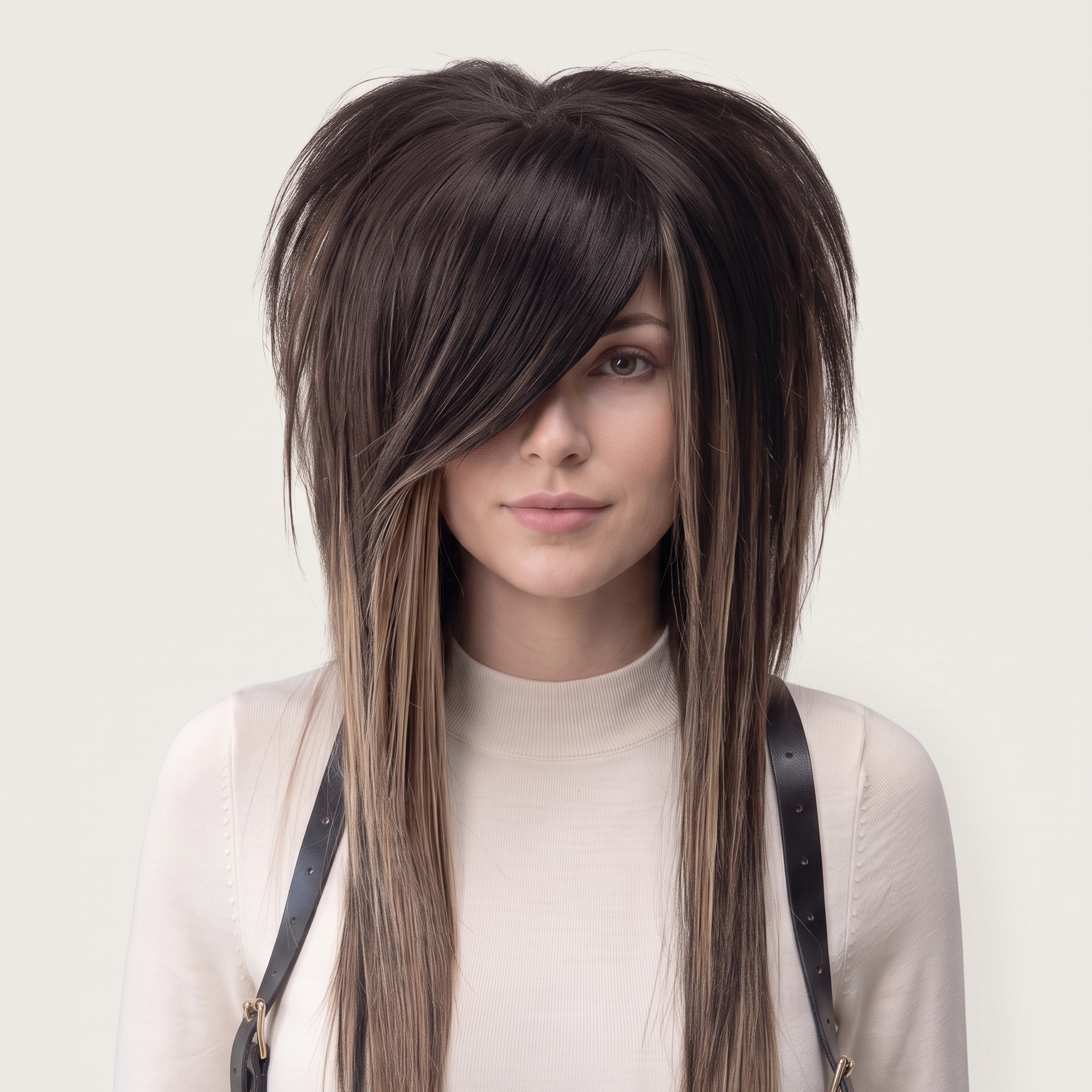 Dark ash brown scene wig front view with side fringe and layered emo shag cut, natural brown highlights, long straight lengths