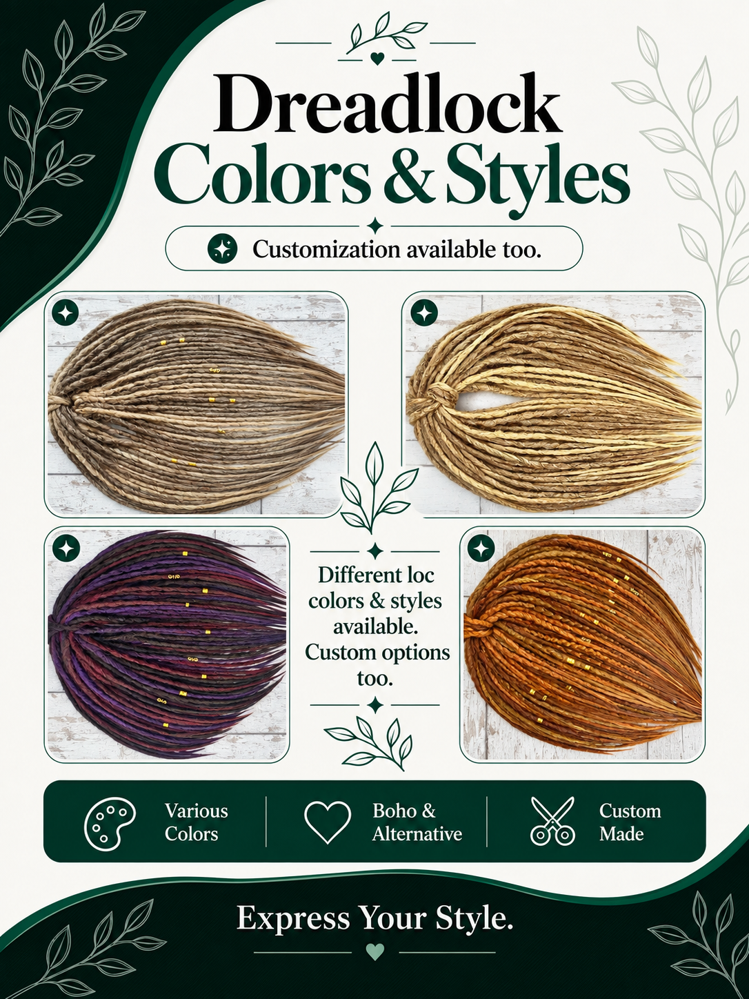 Custom dreads colours and styles image showing different dreadlocks options, 
colours, texture and custom style availability.