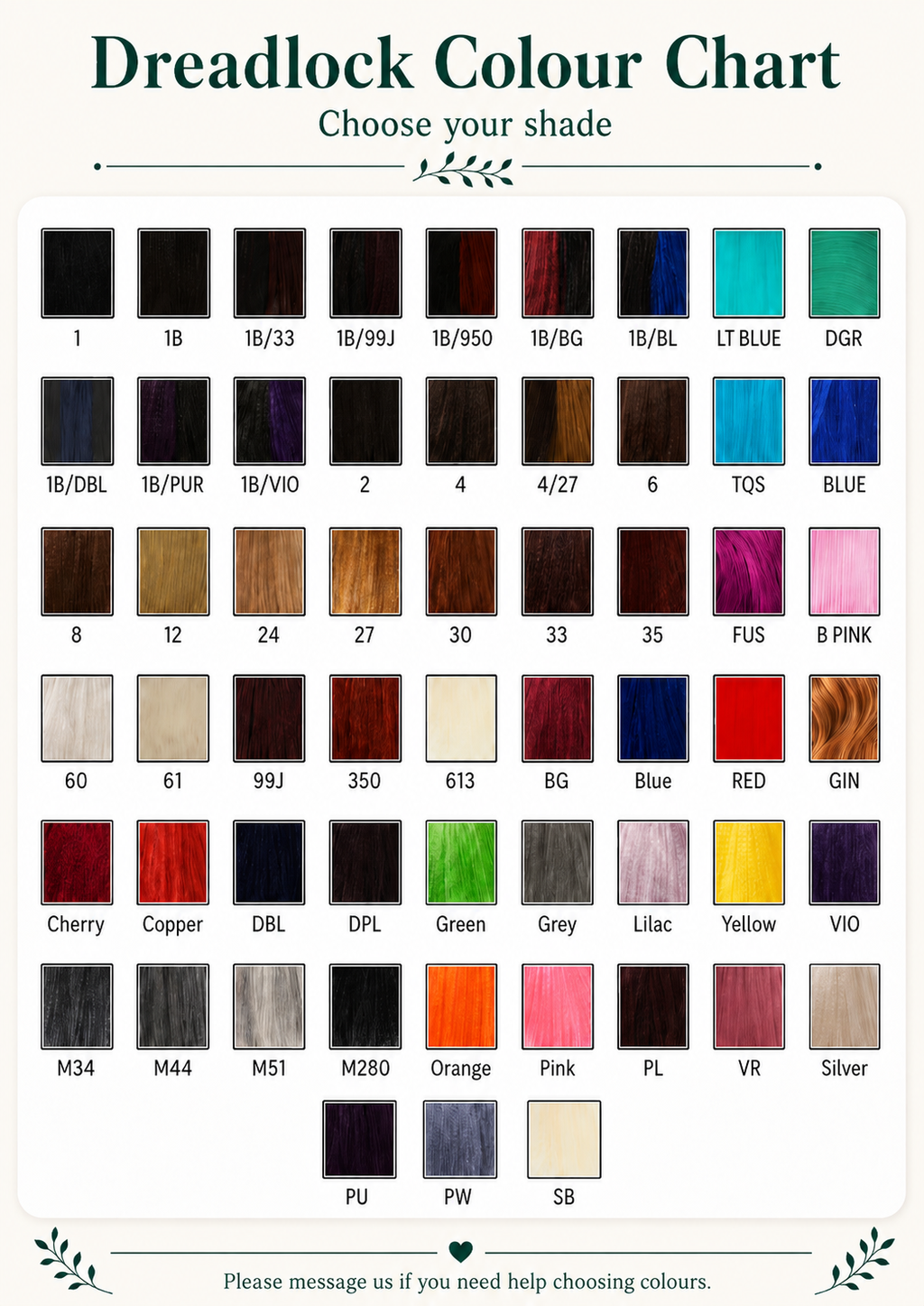 A detailed color selection chart displaying various synthetic hair colors for dreadlocks, including natural shades, ombre blends, and vibrant tones. Perfect for customization, mix-and-match options available. Handmade synthetic dreadlocks crafted for a natural appearance.
