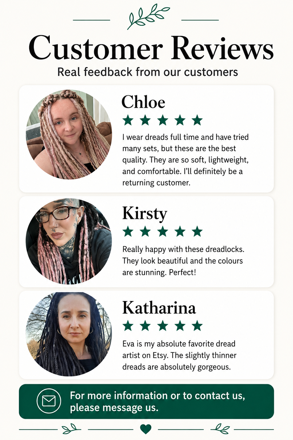 Customer reviews infographic showing real feedback from customers with star ratings and customer photos wearing our handmade dreadlocks.