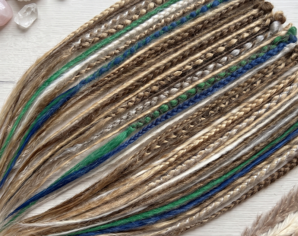 Detailed view of handmade dreadlock extensions with loose ends, showing mixed natural blonde and brown tones with blue, green and white accents.