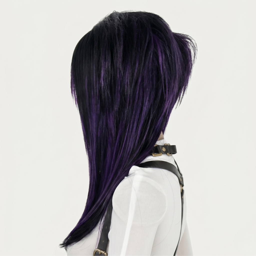 Left side profile of long black straight wig with dark purple highlights, layered shaggy cut and fringe bangs, ideal for cosplay, gothic looks, or everyday emo scene style, heat-resistant and professionally styled synthetic hair for a bold alternative look.