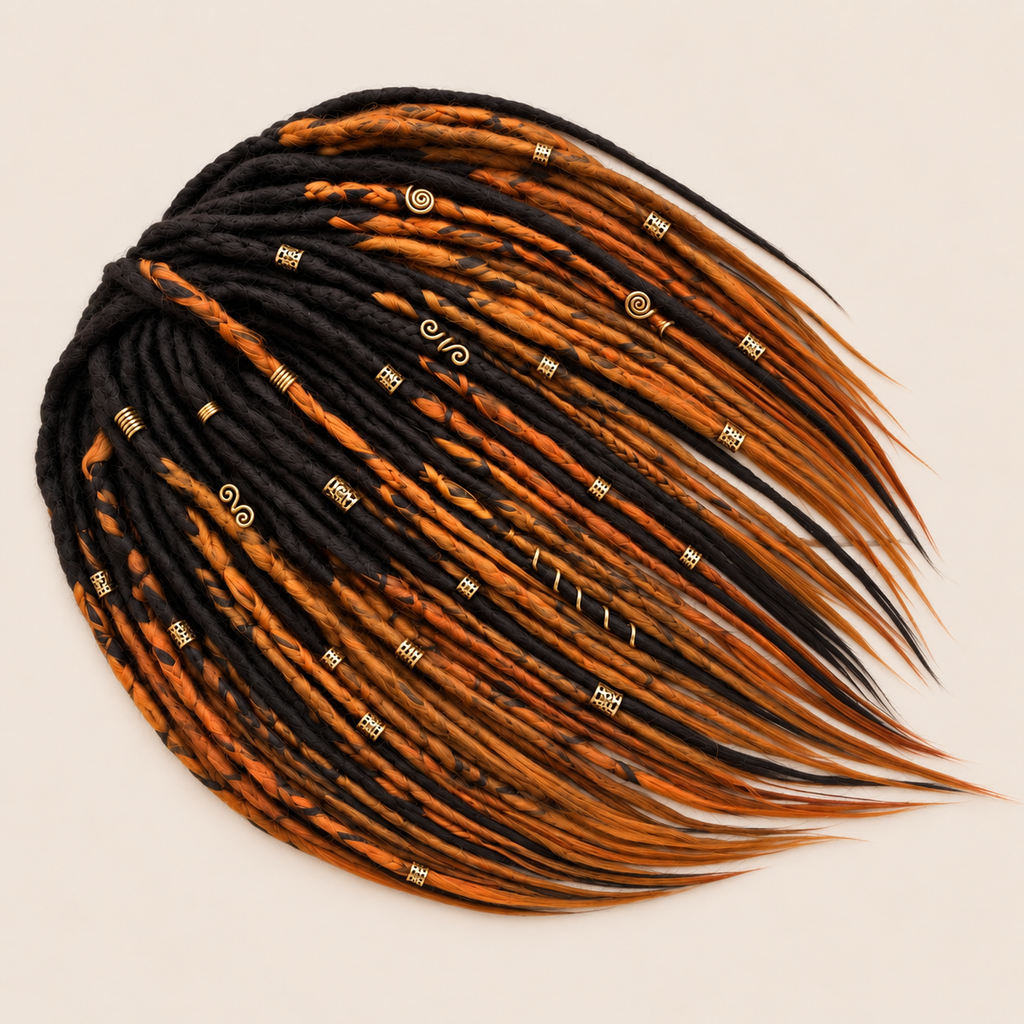 Handmade ombre dark brown to copper ginger dreadlock extensions arranged on a soft boho background, featuring crochet textures, loose wispy ends, braided details and decorative gold beads.