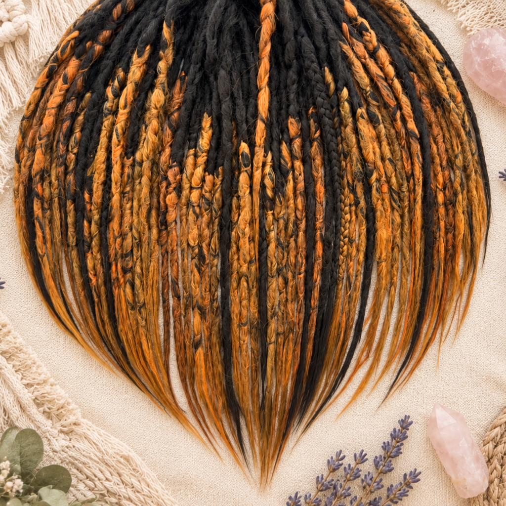 Top view of a full set of ombre dark brown to ginger dreadlock extensions, showing the colour transition, handmade crochet texture, mixed braids and natural loose ends.