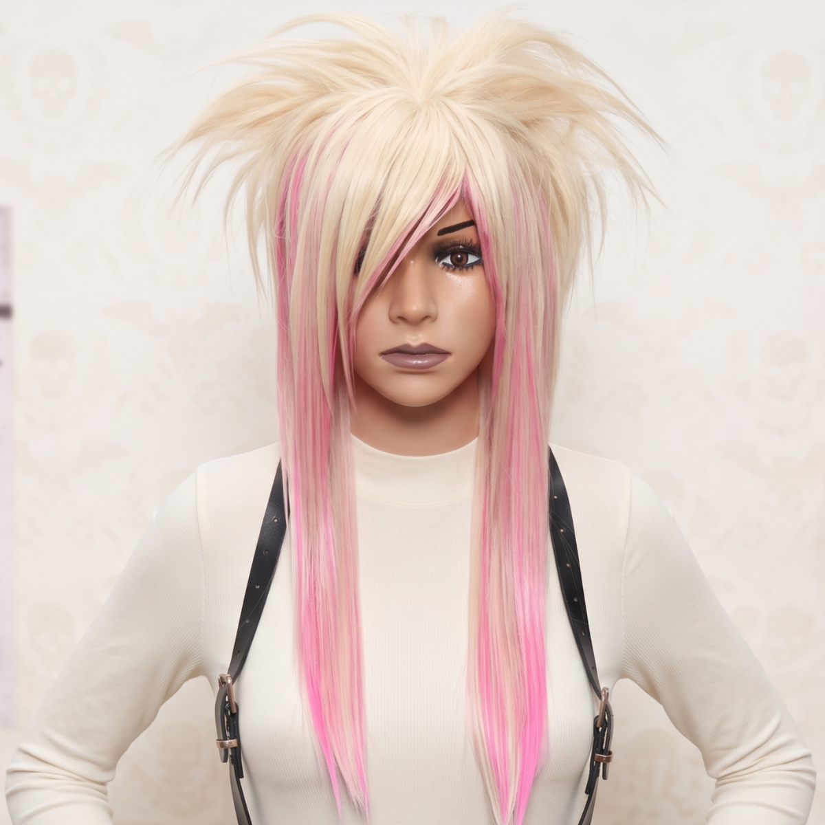 Front view of handmade pastel pink and platinum blonde scene wig with long straight layers