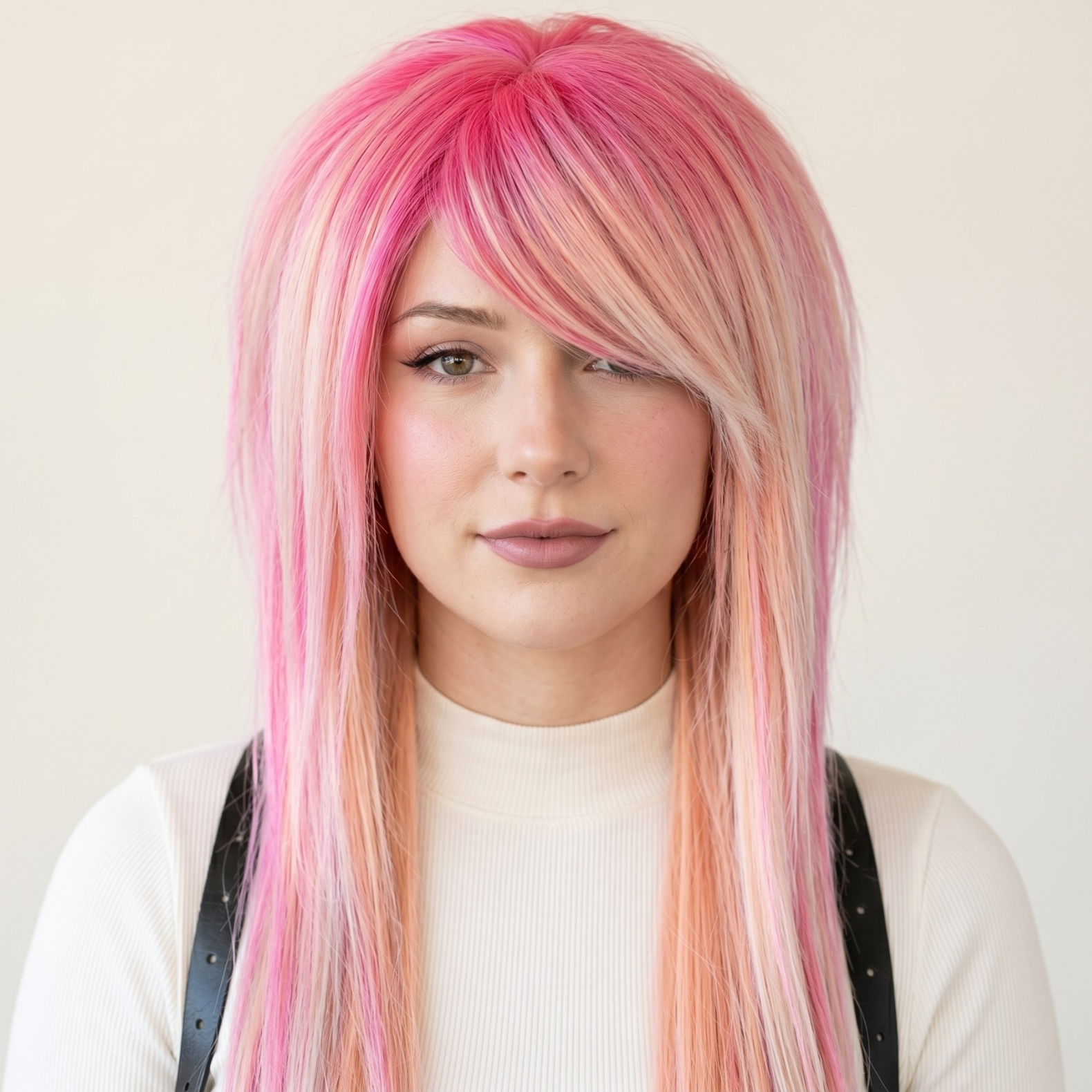Pink blonde emo scene wig with side bangs long layered pastel cosplay wig front view