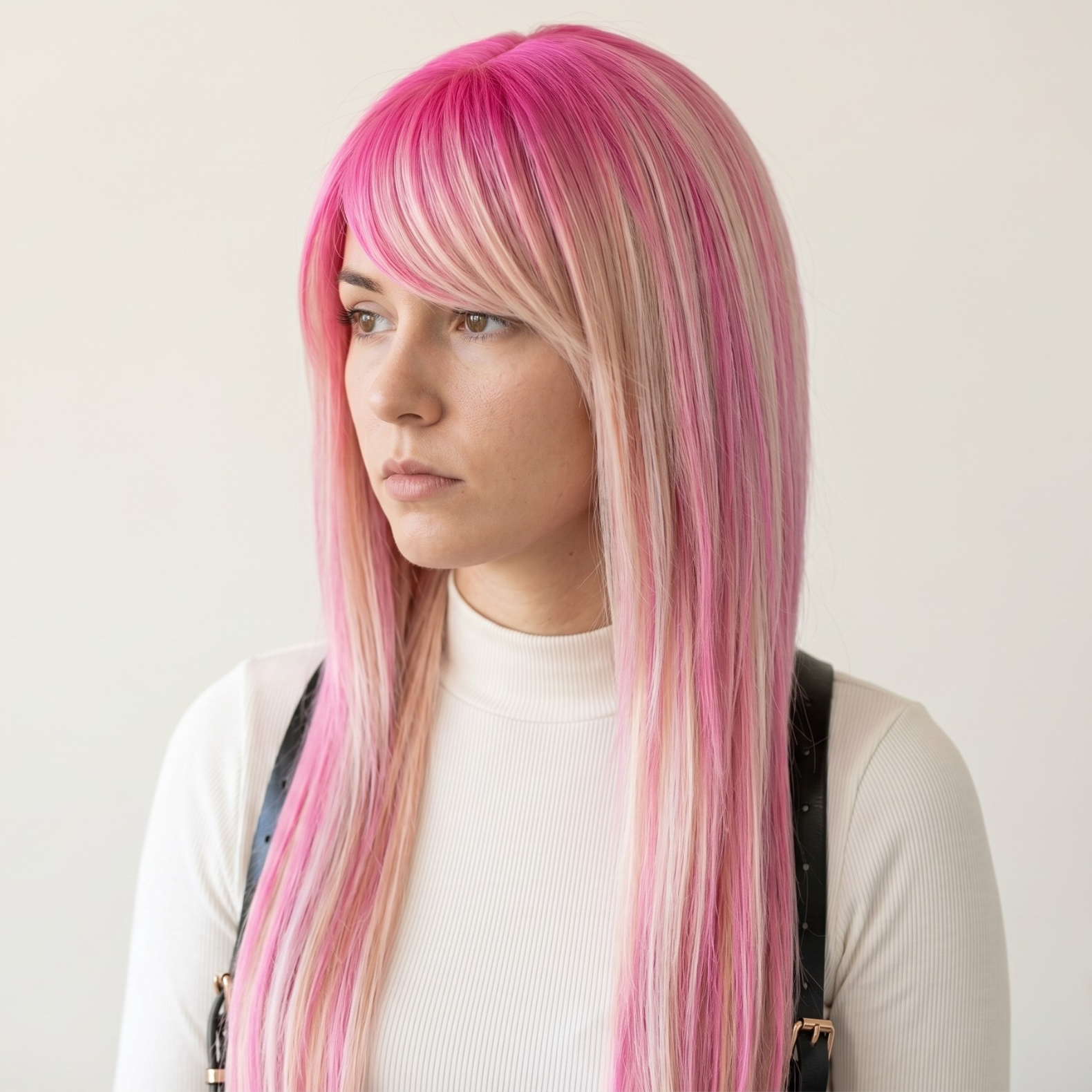 Pink blonde long layered wig with side bangs pastel scene hair side view