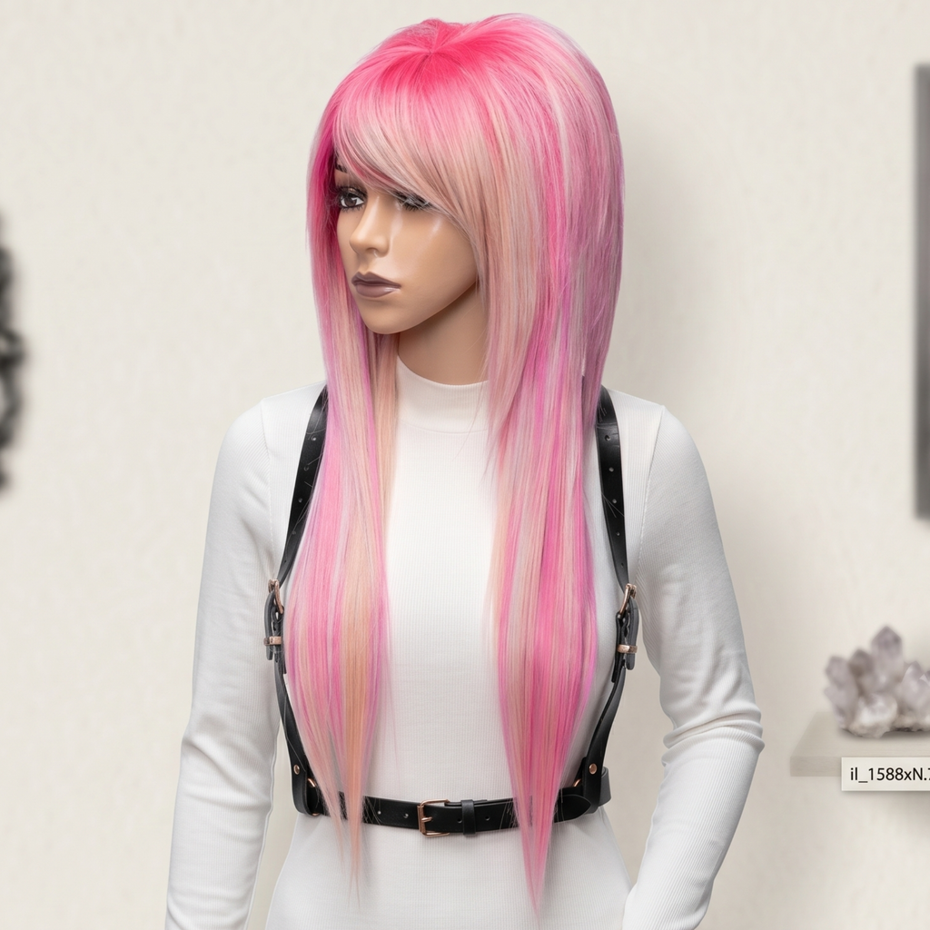 Pastel pink blonde emo wig long layered cut angled mannequin view