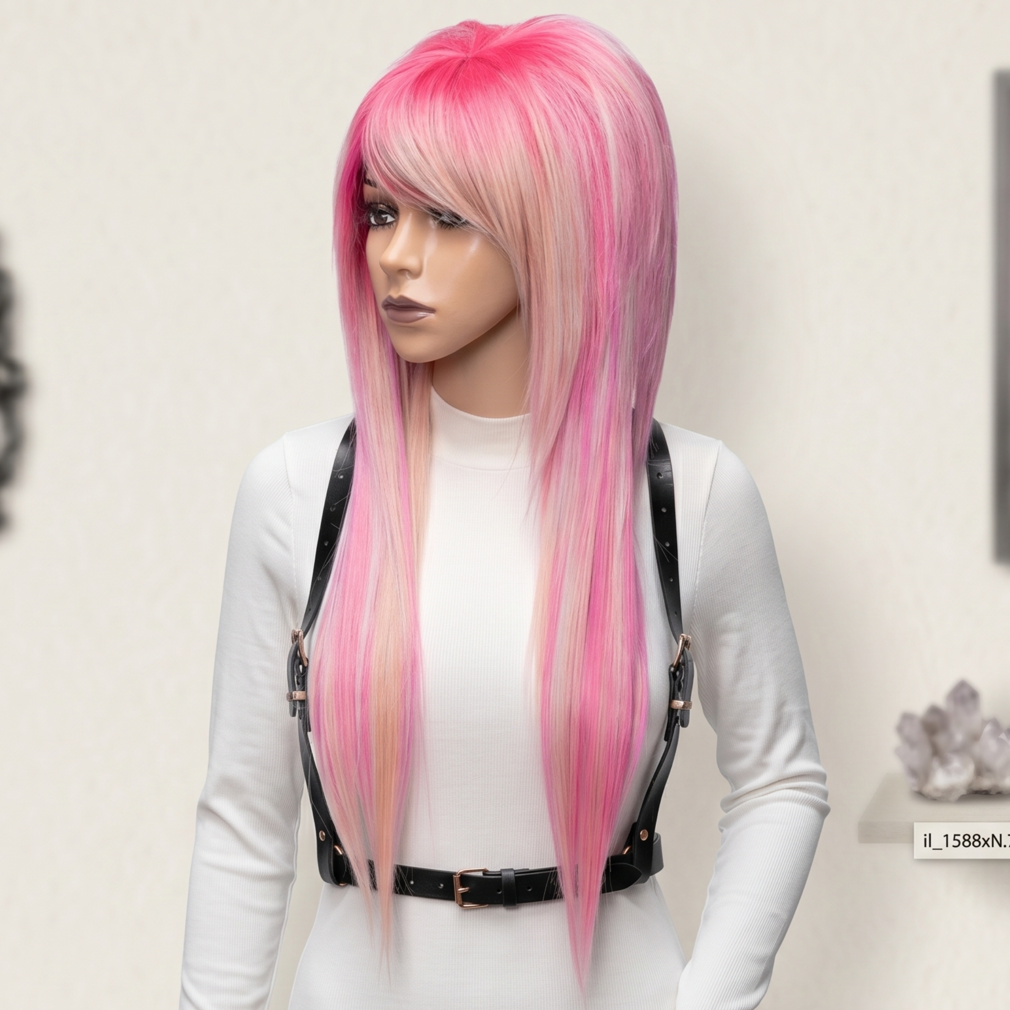 Pastel pink blonde emo wig long layered cut angled mannequin view