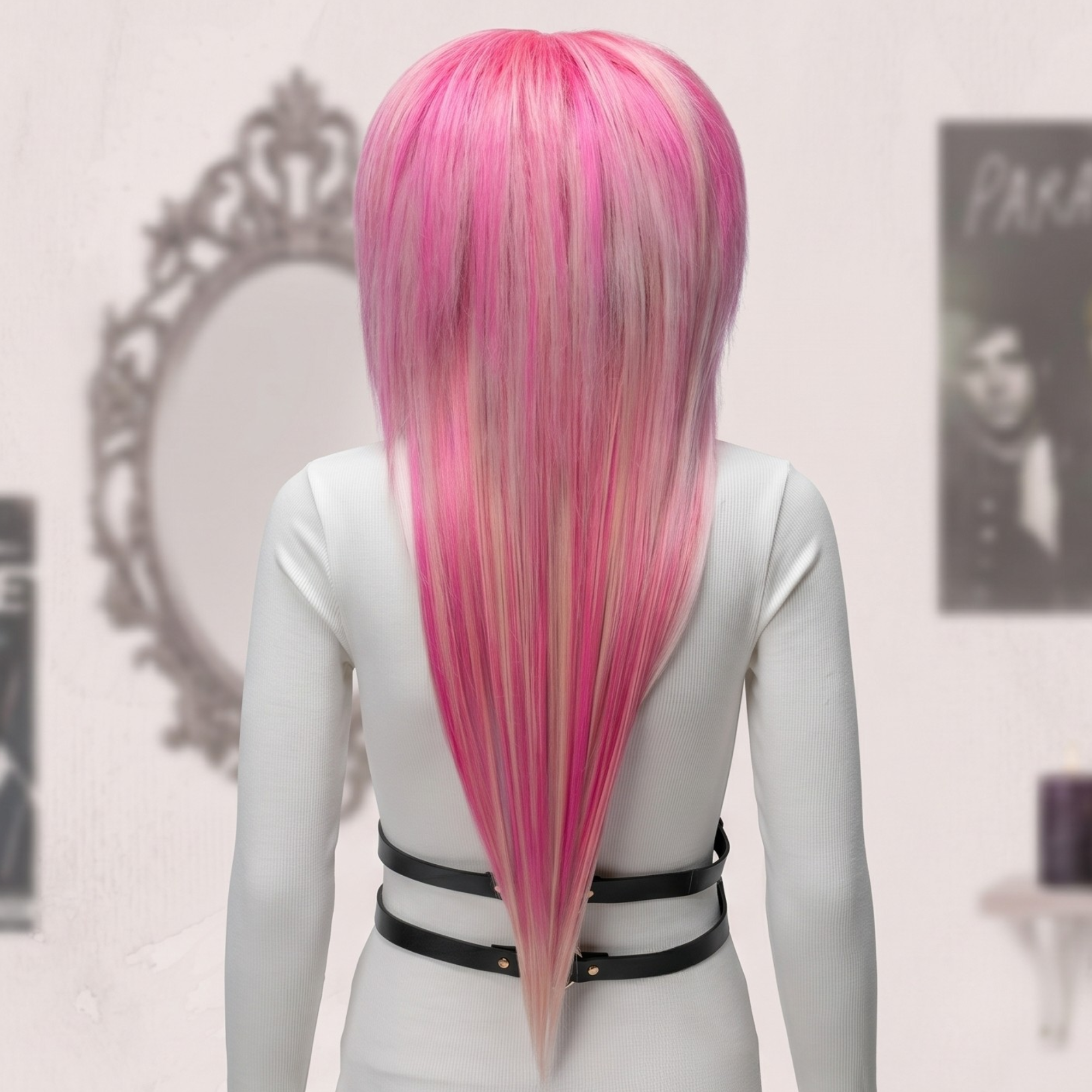 Back view of pink blonde long layered emo scene wig pastel hair blend
