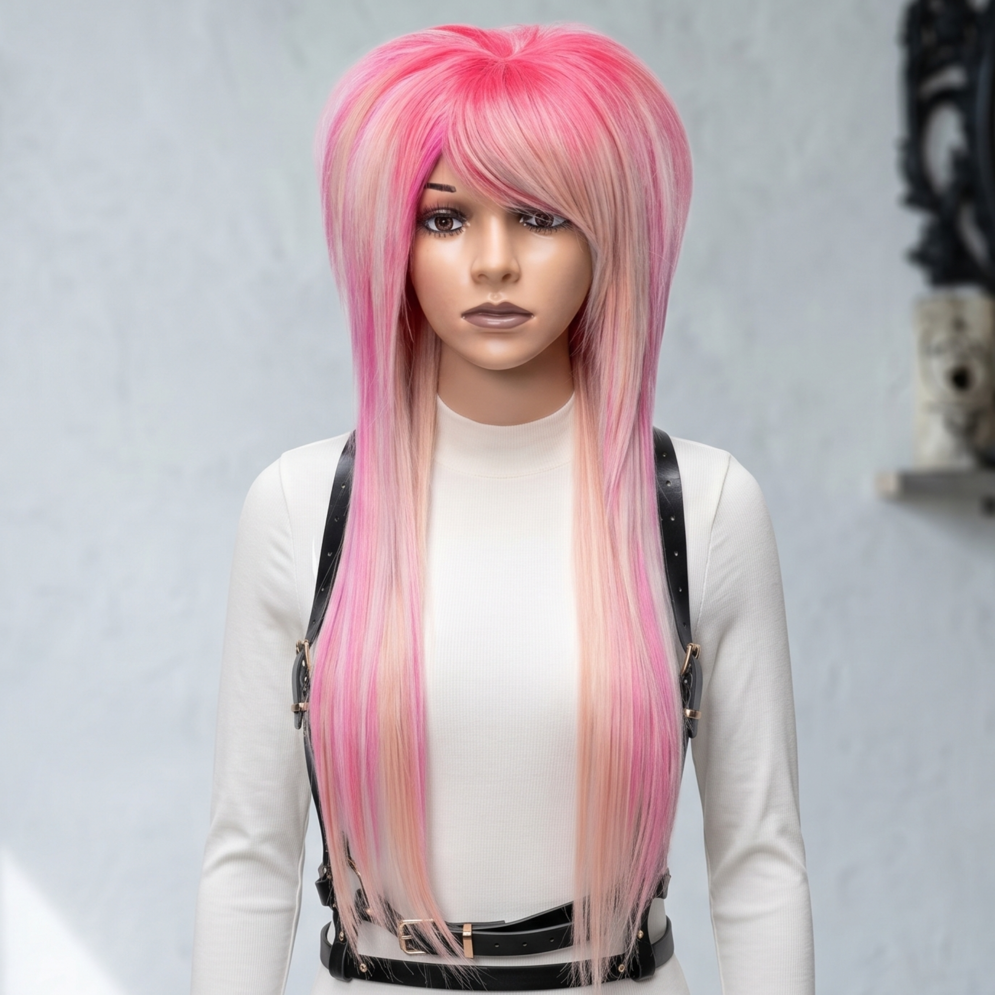 Pink blonde layered scene wig with side swept bangs on mannequin front view