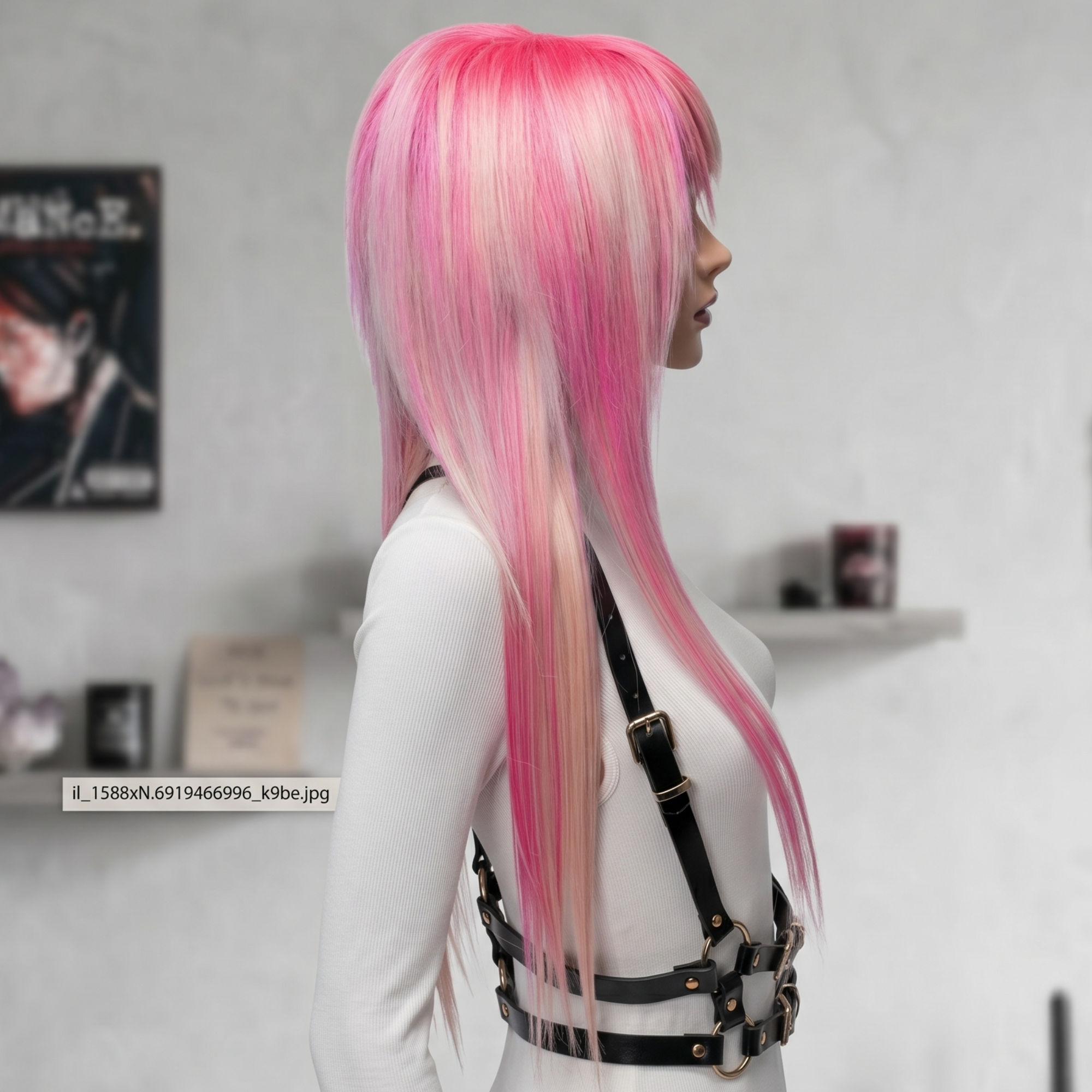 Pink blonde scene wig side detail long layered pastel cosplay hair