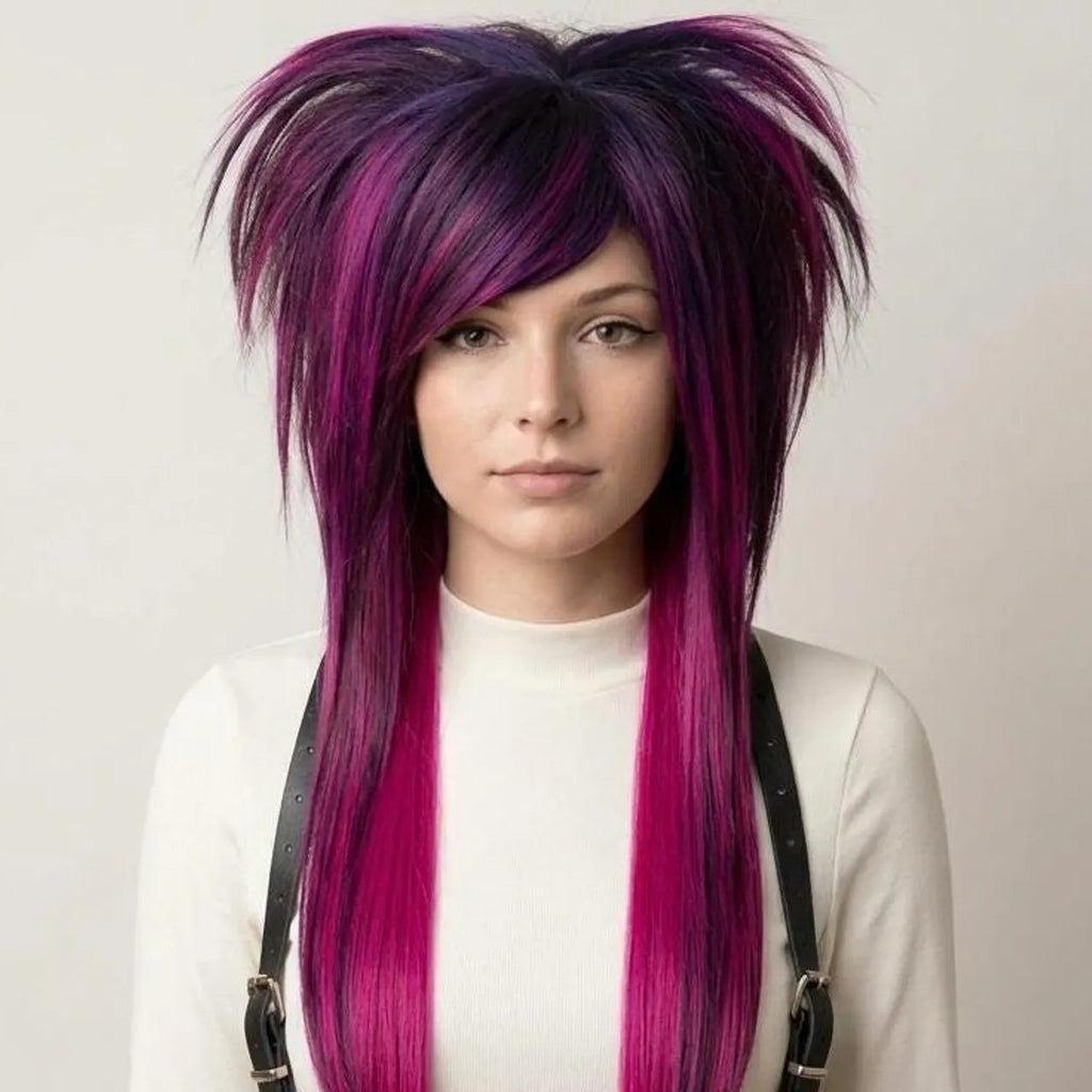 Pink and purple emo scene wig with side bangs and long layered shag cut, front view