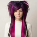 Pink and purple emo scene wig with side bangs and long layered shag cut, front view