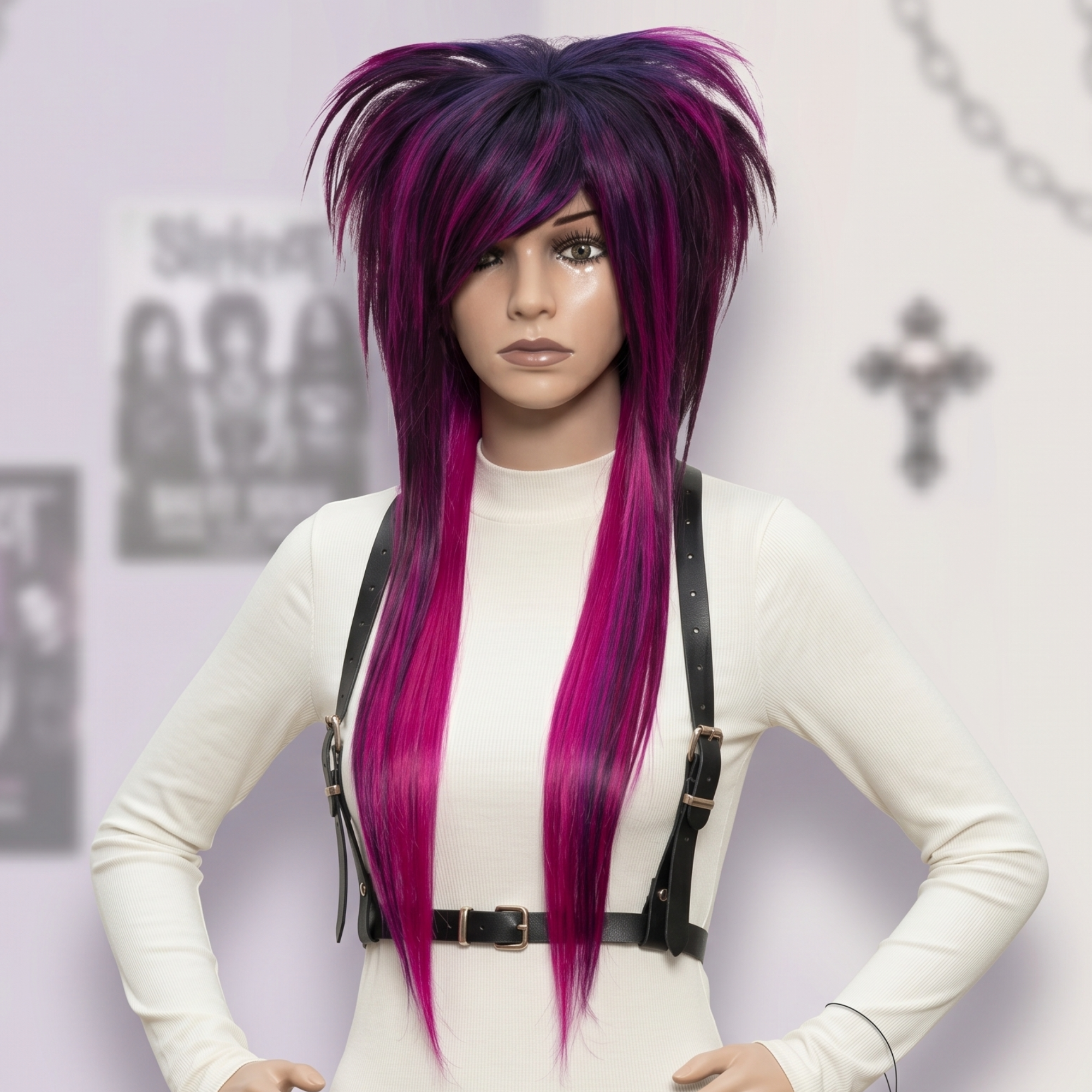 Pink purple scene wig side view showing layered texture and volume