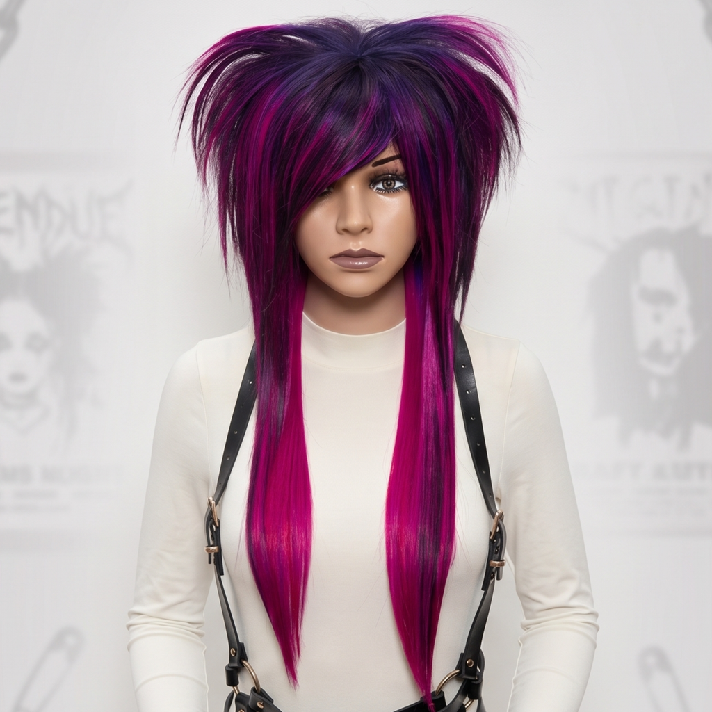 Long layered emo wig in pink and purple tones with side swept bangs