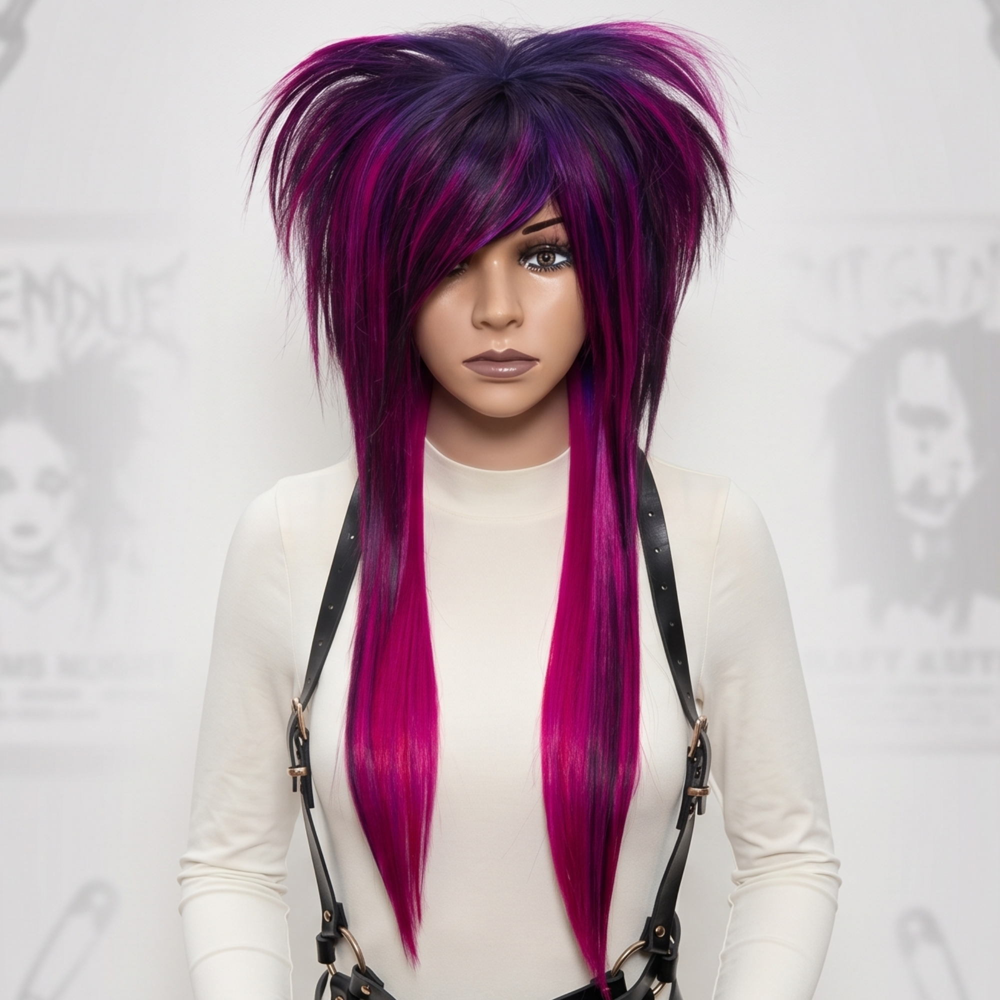 Long layered emo wig in pink and purple tones with side swept bangs