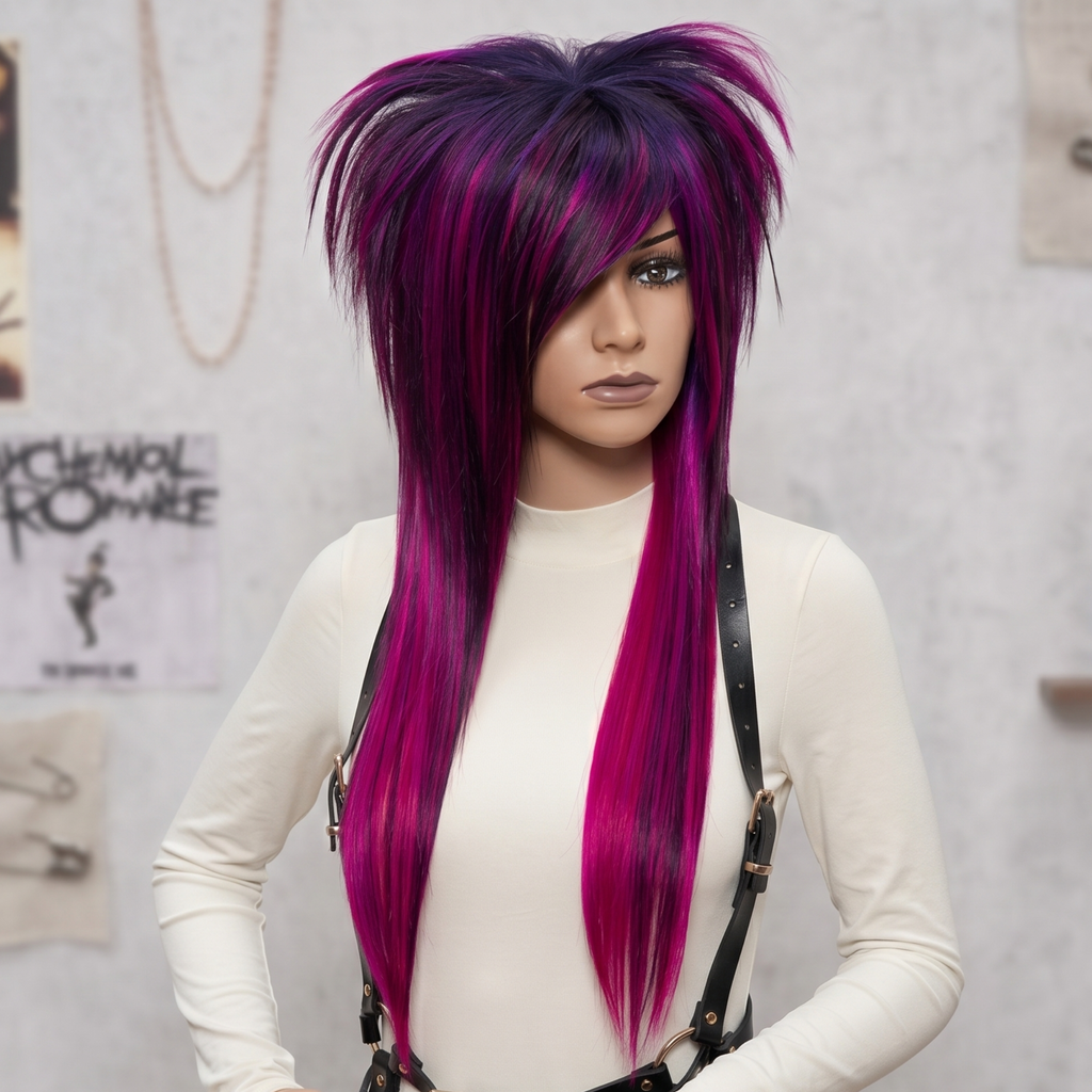 Detailed view of pink purple wig showing volume and textured layers
