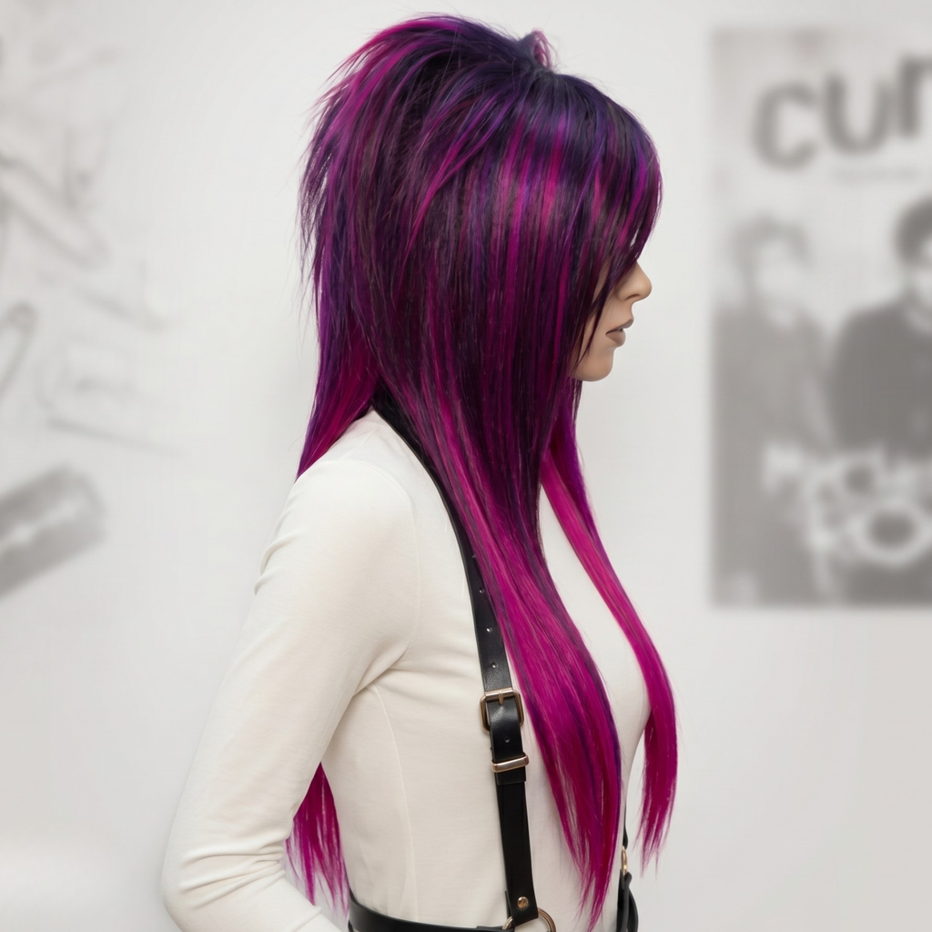 Alternative emo scene wig with magenta pink and dark purple blend
