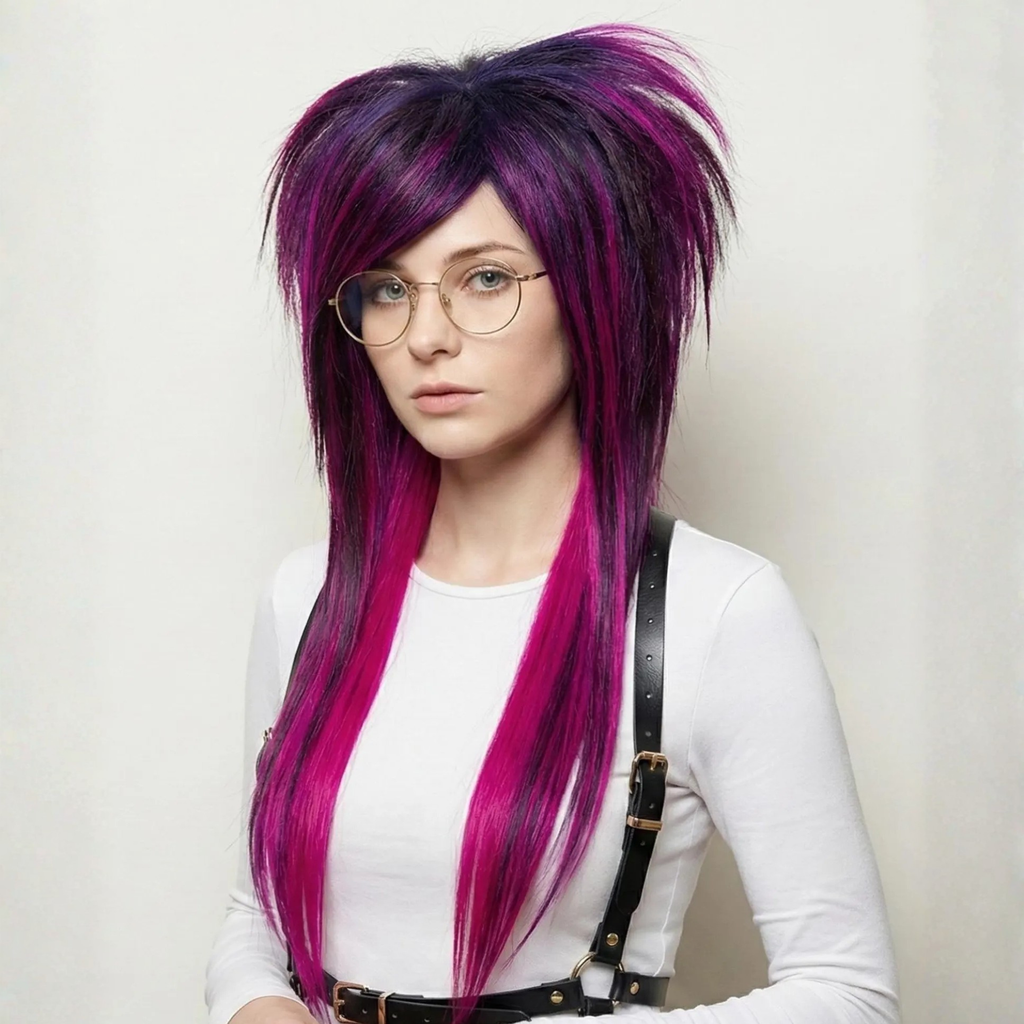 Long layered emo wig in pink and purple tones with side swept bangs