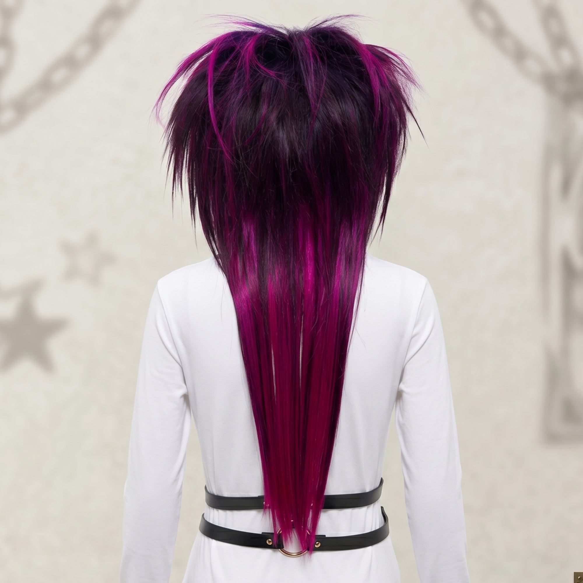 Back view of pink and purple scene wig with long straight layered length