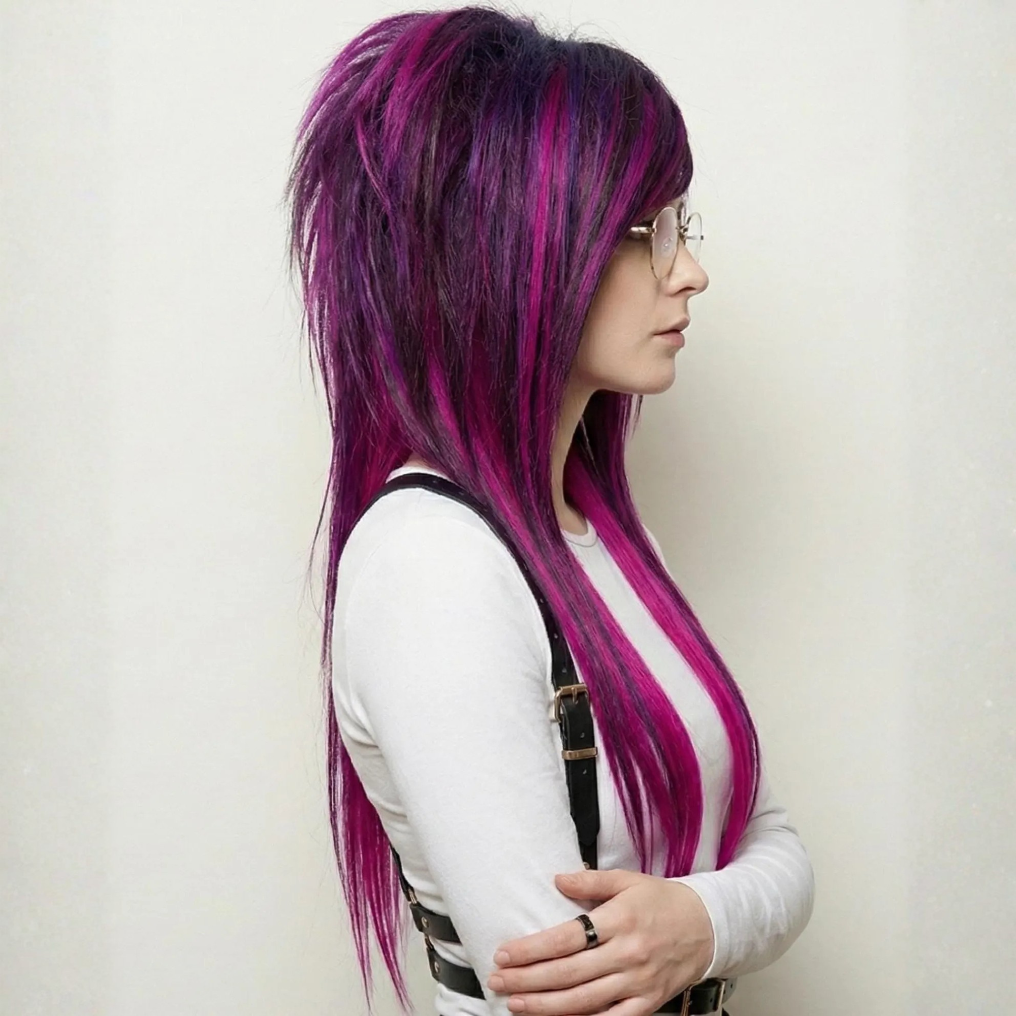 Person with vibrant purple and pink hair wearing a white shirt and suspenders against a plain background
