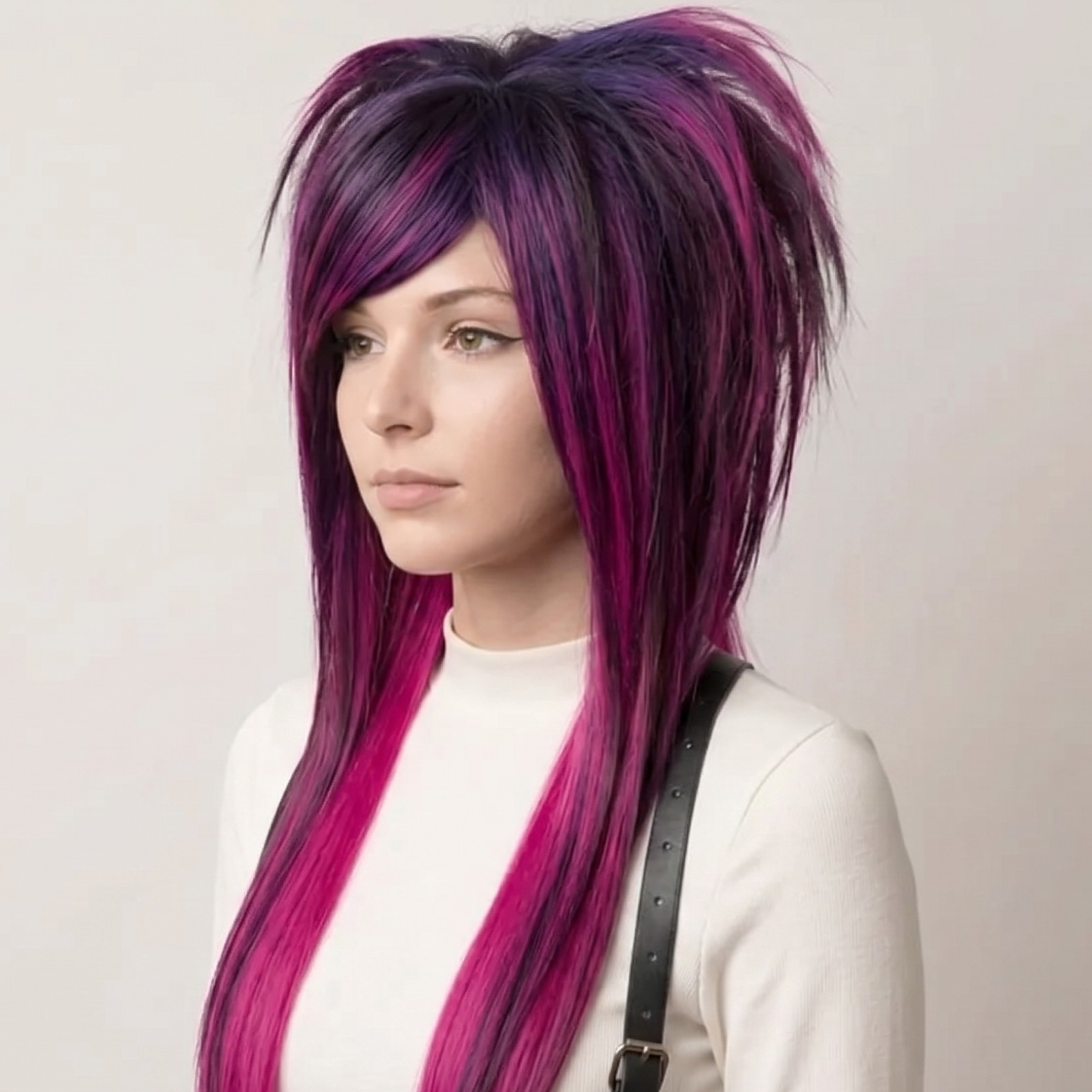 Pink and purple emo scene wig with side bangs and long layered shag cut, front angled view