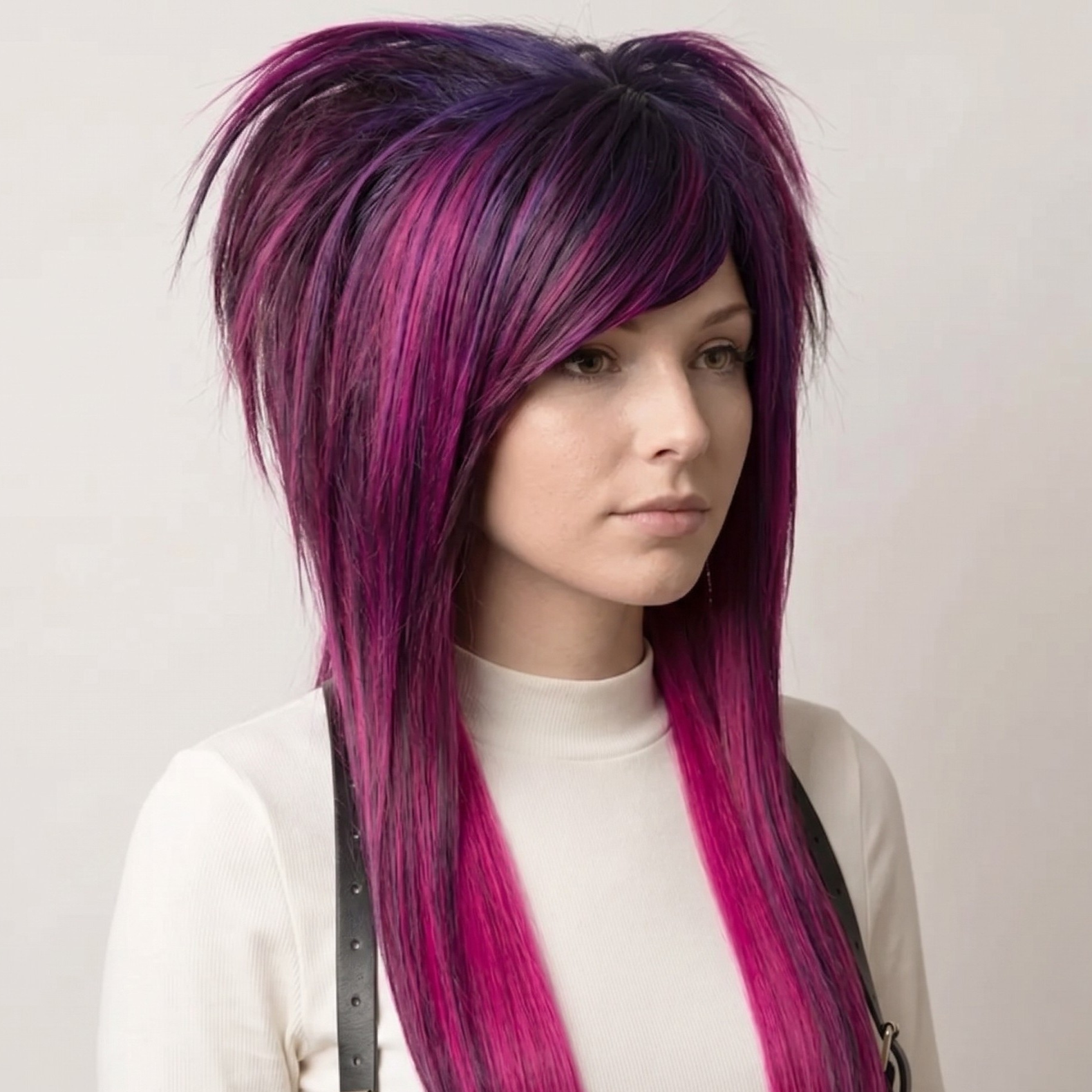 Pink and purple emo scene wig with side bangs and long layered shag cut, other front angled view