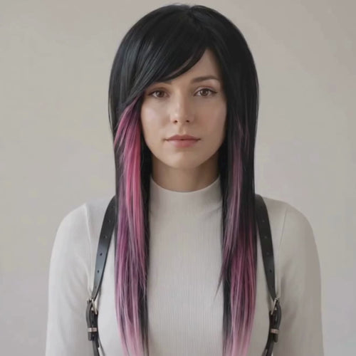 Black and pink emo scene wig with side-swept bangs, long layered front pieces and soft pastel pink highlights worn on a model.