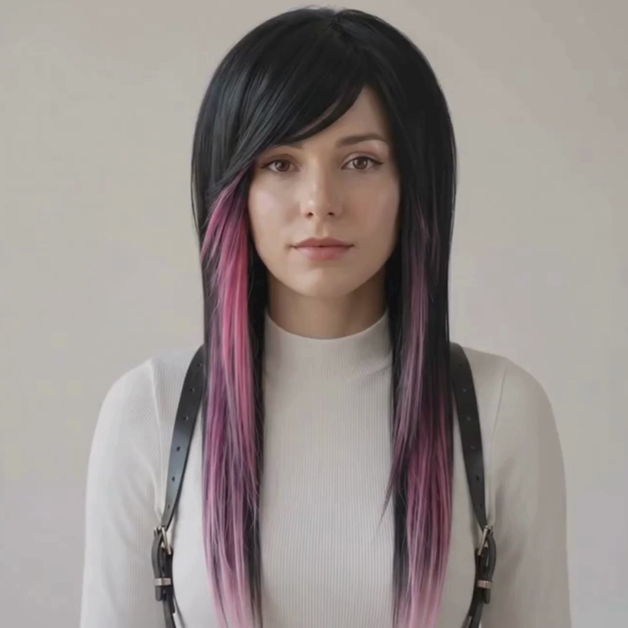 Black and pink emo scene wig with side-swept bangs, long layered front pieces and soft pastel pink highlights worn on a model.