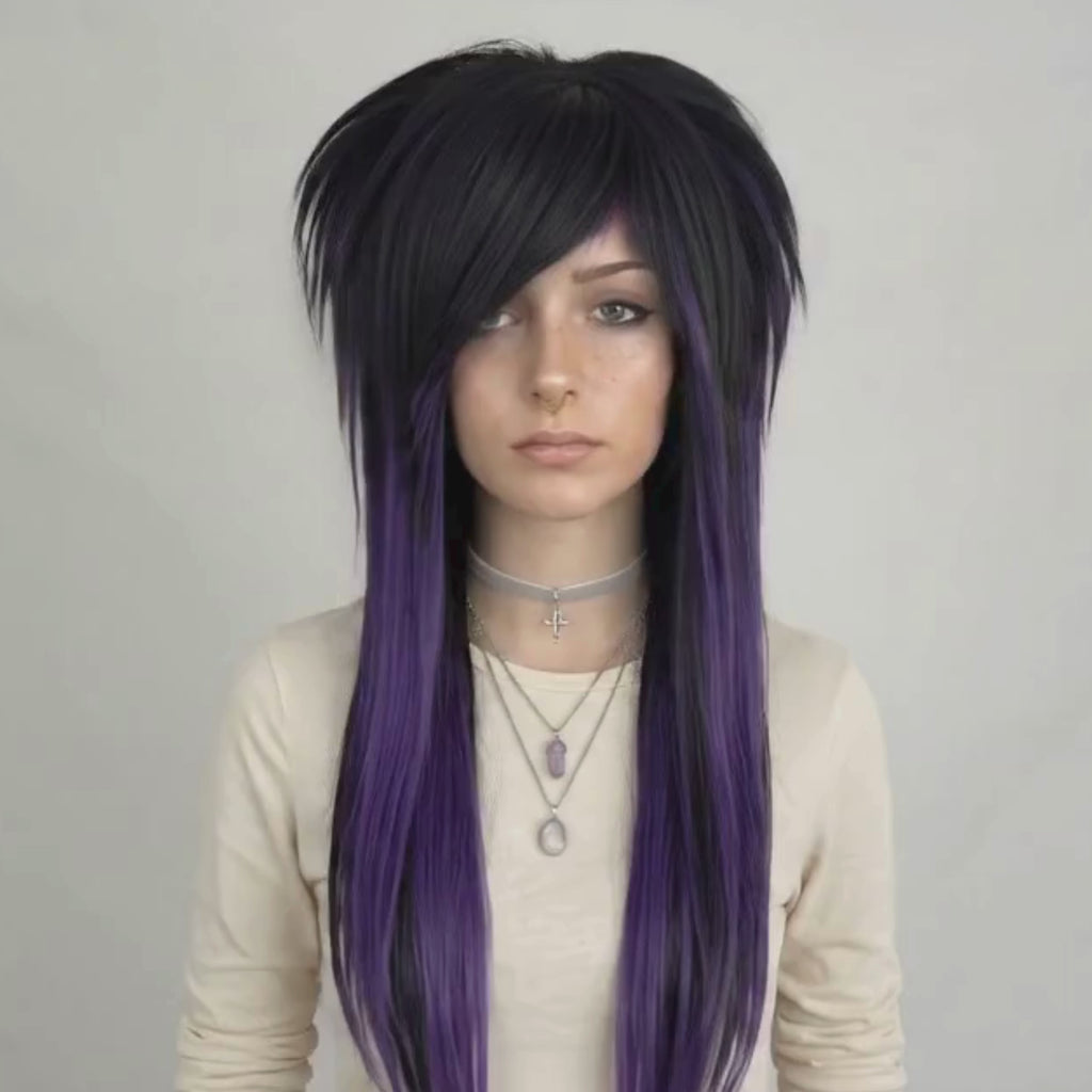 Showcasing different angle of  emo scene wig featuring black and dark purple synthetic hair with long layers, side fringe bangs, and full volume, suitable as a fashionable chemo wig, handmade for women or men who love punk, goth, or visual kei style.