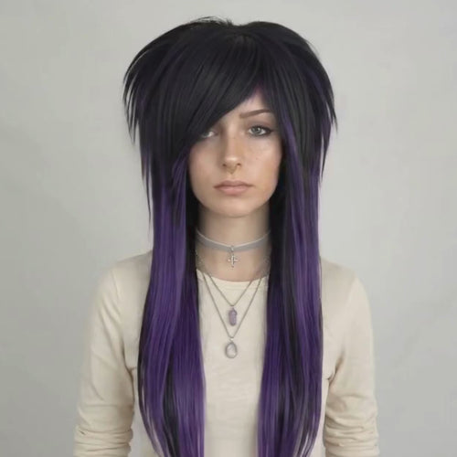Showcasing different angle of  emo scene wig featuring black and dark purple synthetic hair with long layers, side fringe bangs, and full volume, suitable as a fashionable chemo wig, handmade for women or men who love punk, goth, or visual kei style.
