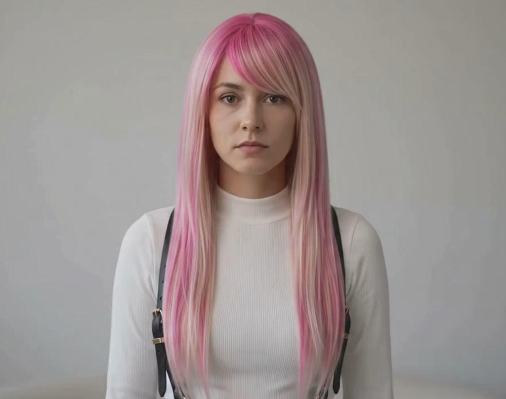 Pink blonde emo scene wig with side bangs long layered pastel cosplay wig showcasing videos for all the angle