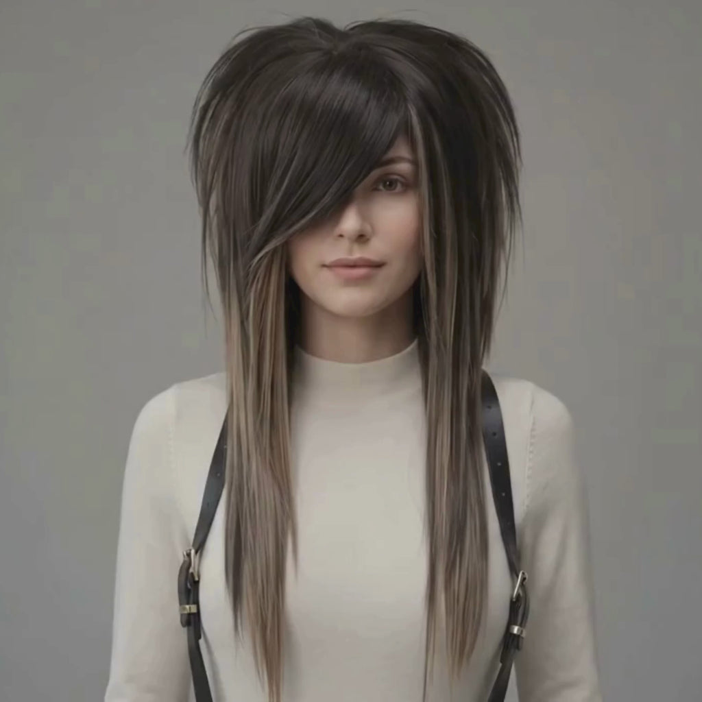 Showcasing video of dark ash brown scene wig front view with side fringe and layered emo shag cut, natural brown highlights, long straight lengths